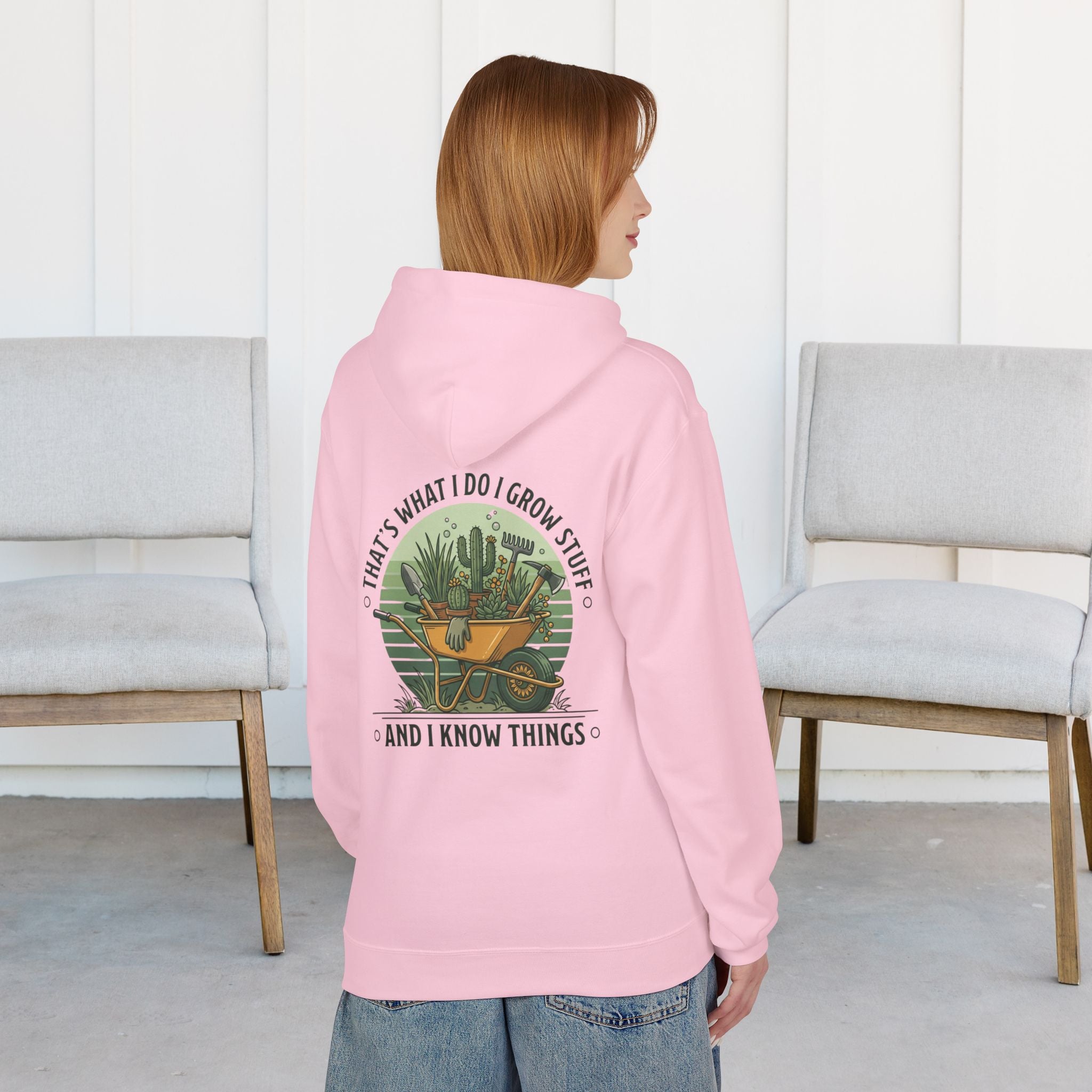 Gardening Hoodie — “I Grow Stuff and I Know Things” Retro Cactus Design