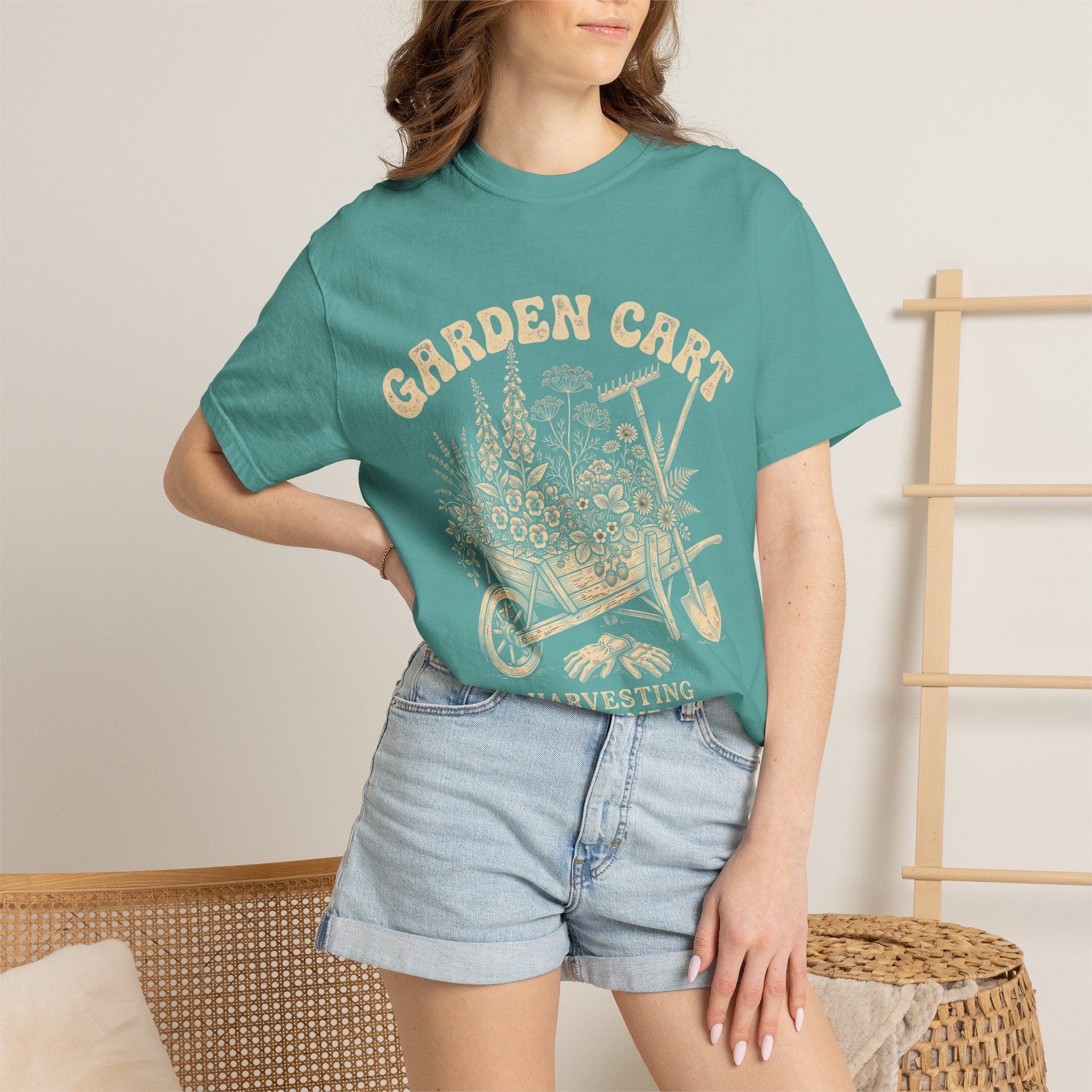 Garden Cart T-Shirt — "Harvesting Happiness Daily" Vintage Gardening Tee