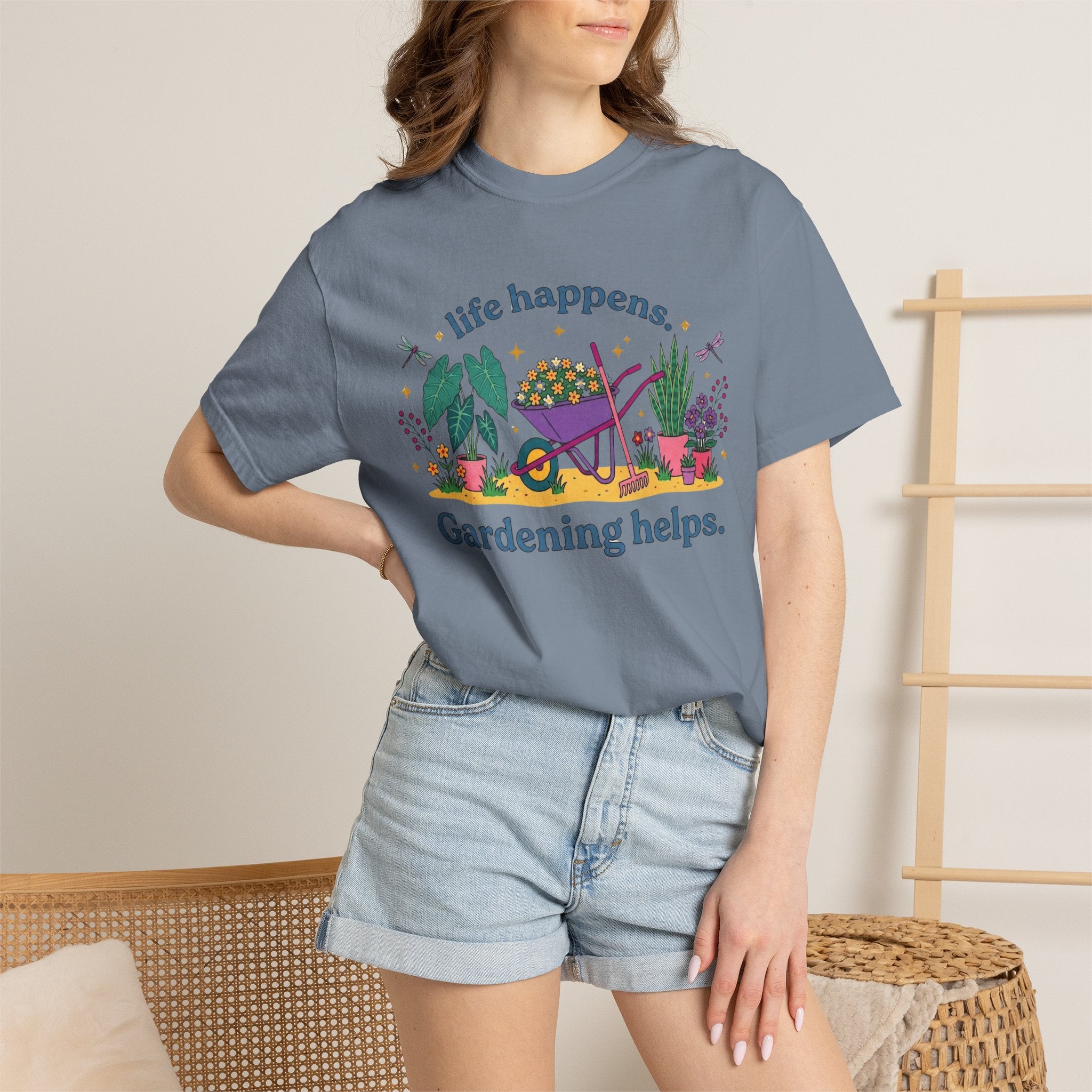 Gardening Helps T-Shirt — "Life Happens, Gardening Helps" Wheelbarrow Garden Tee