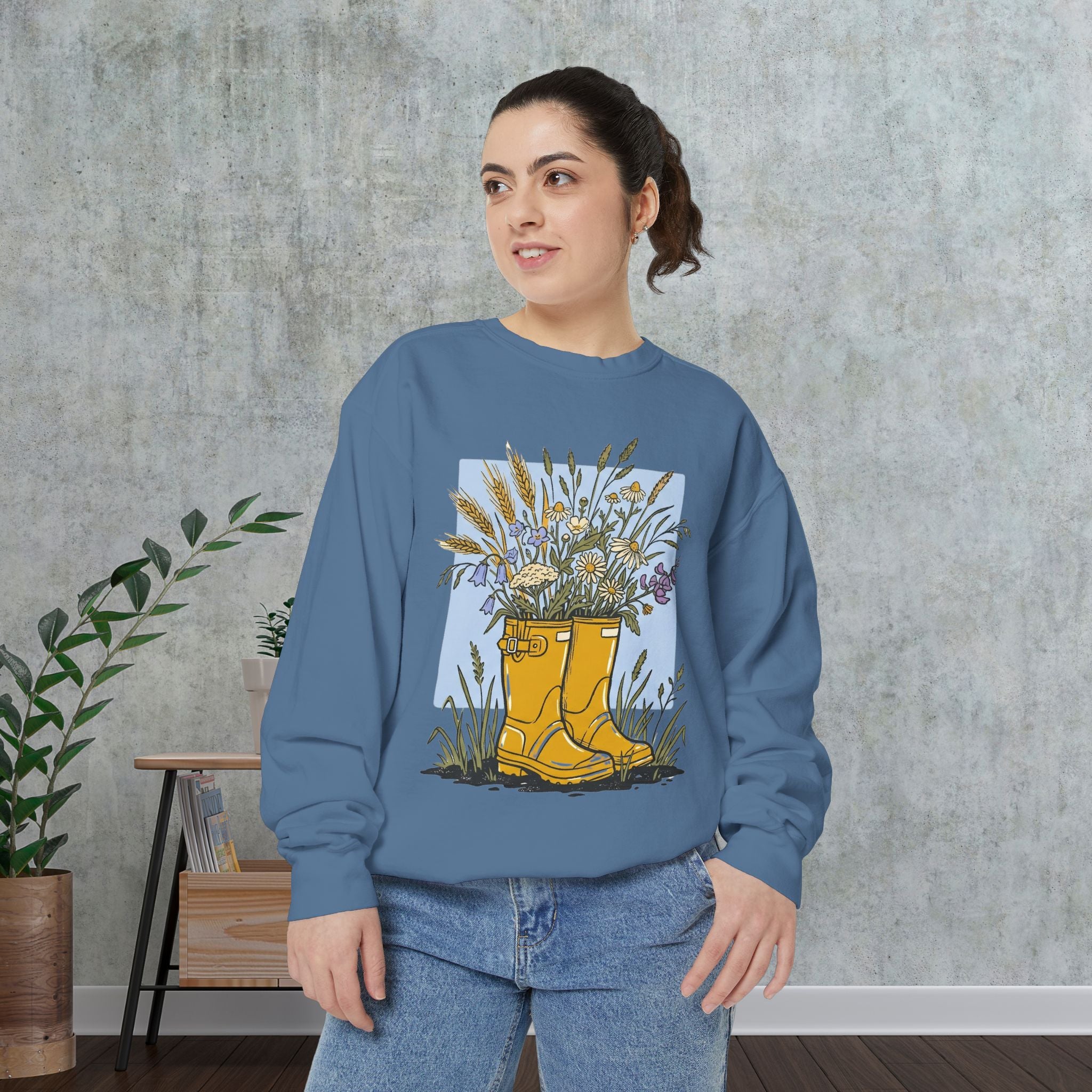 Sweatshirt — Yellow Rain Boots with Wildflowers Graphic