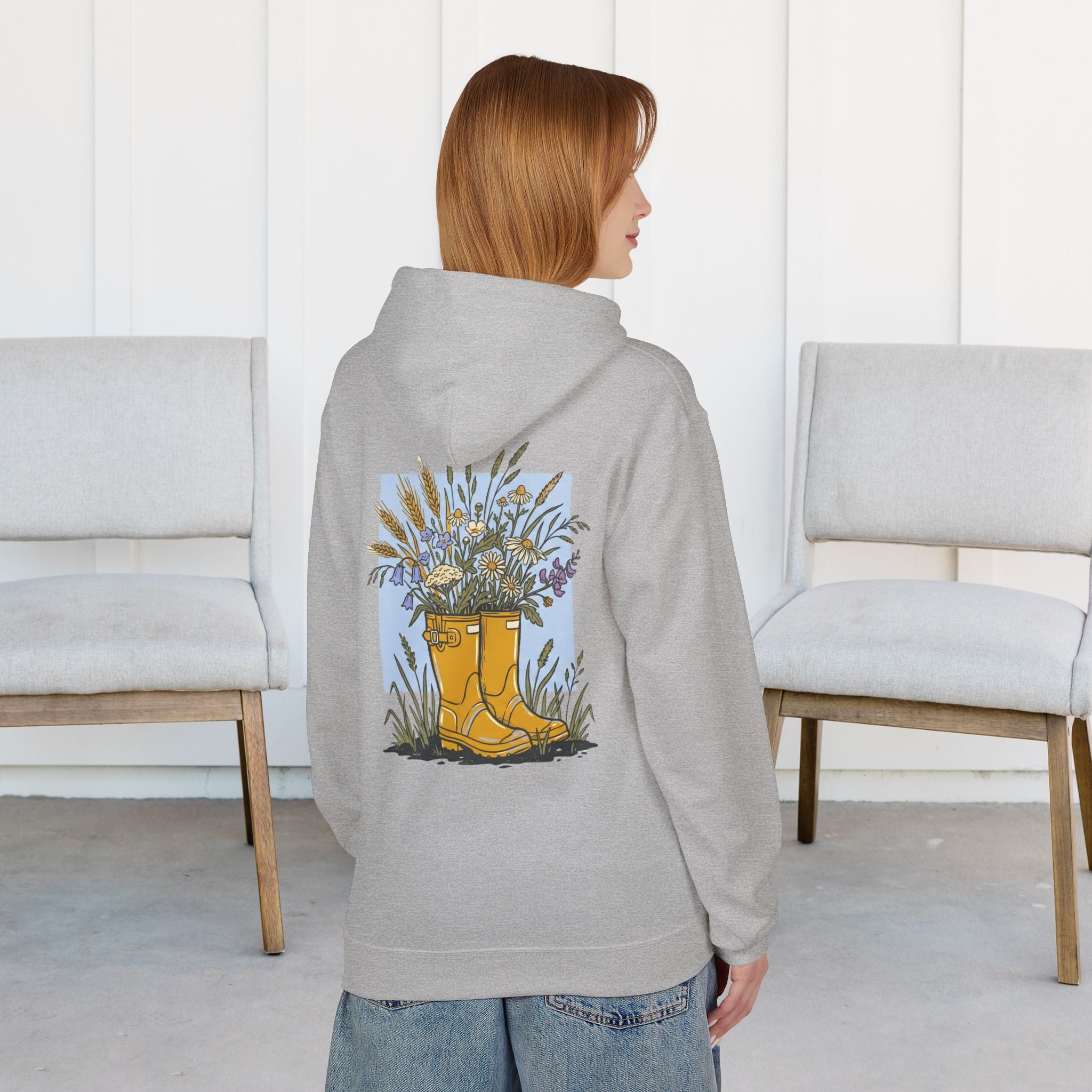 Gardening Boots Floral Hoodie — Yellow Wellies & Wildflowers Pullover