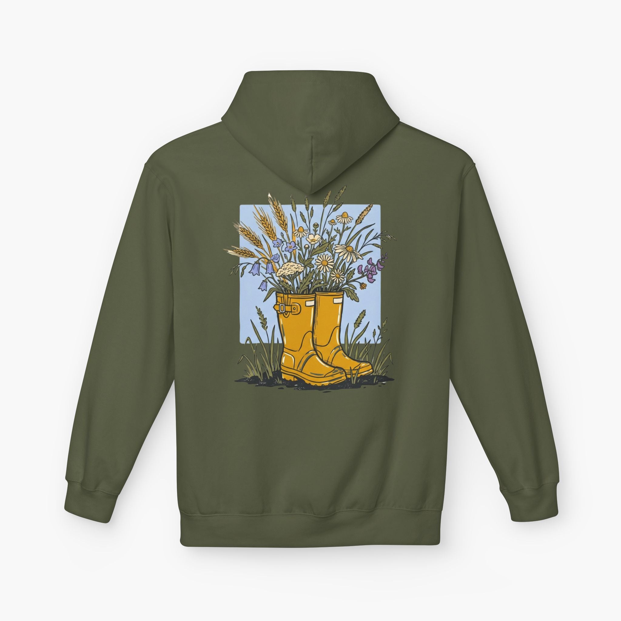 Gardening Boots Floral Hoodie — Yellow Wellies & Wildflowers Pullover