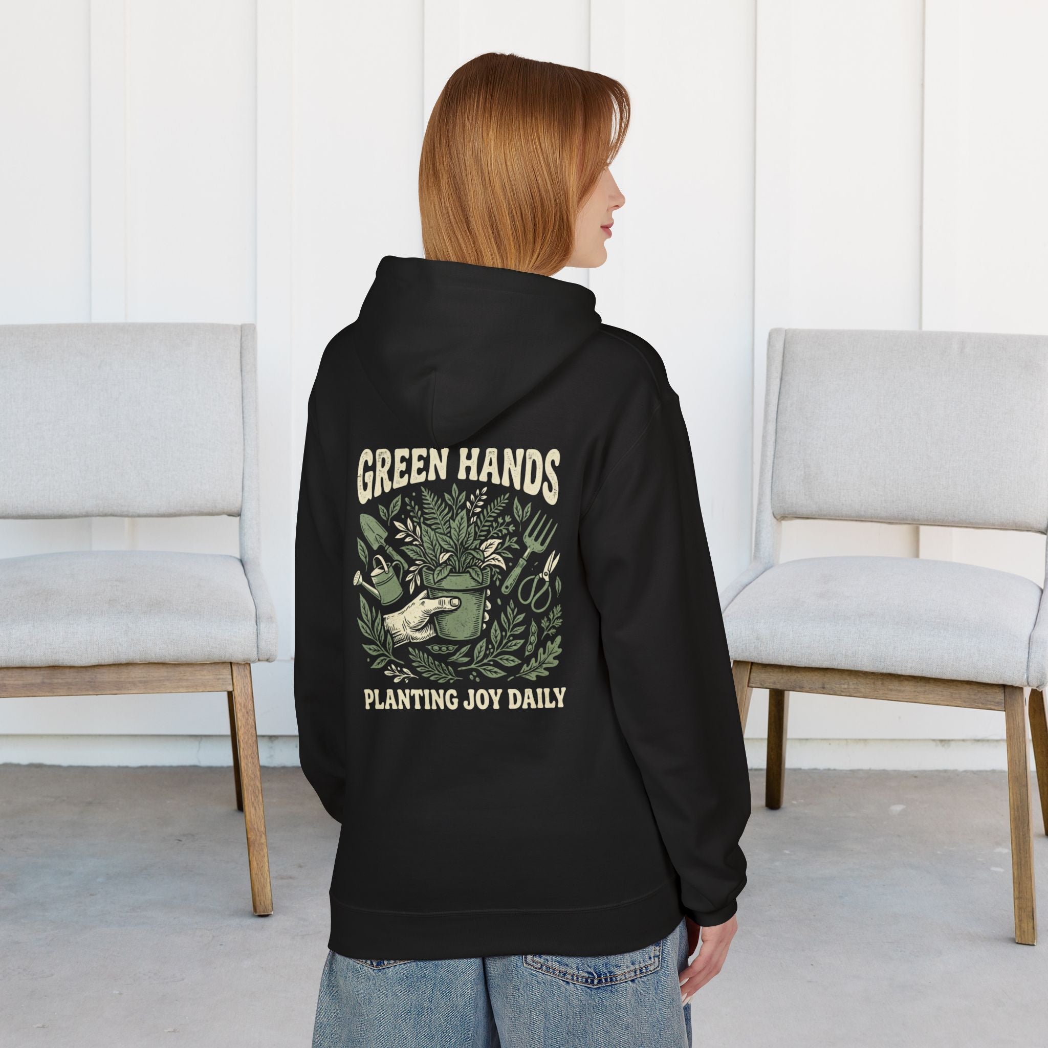 Gardener Hoodie — "Green Hands: Planting Joy Daily" Back Graphic
