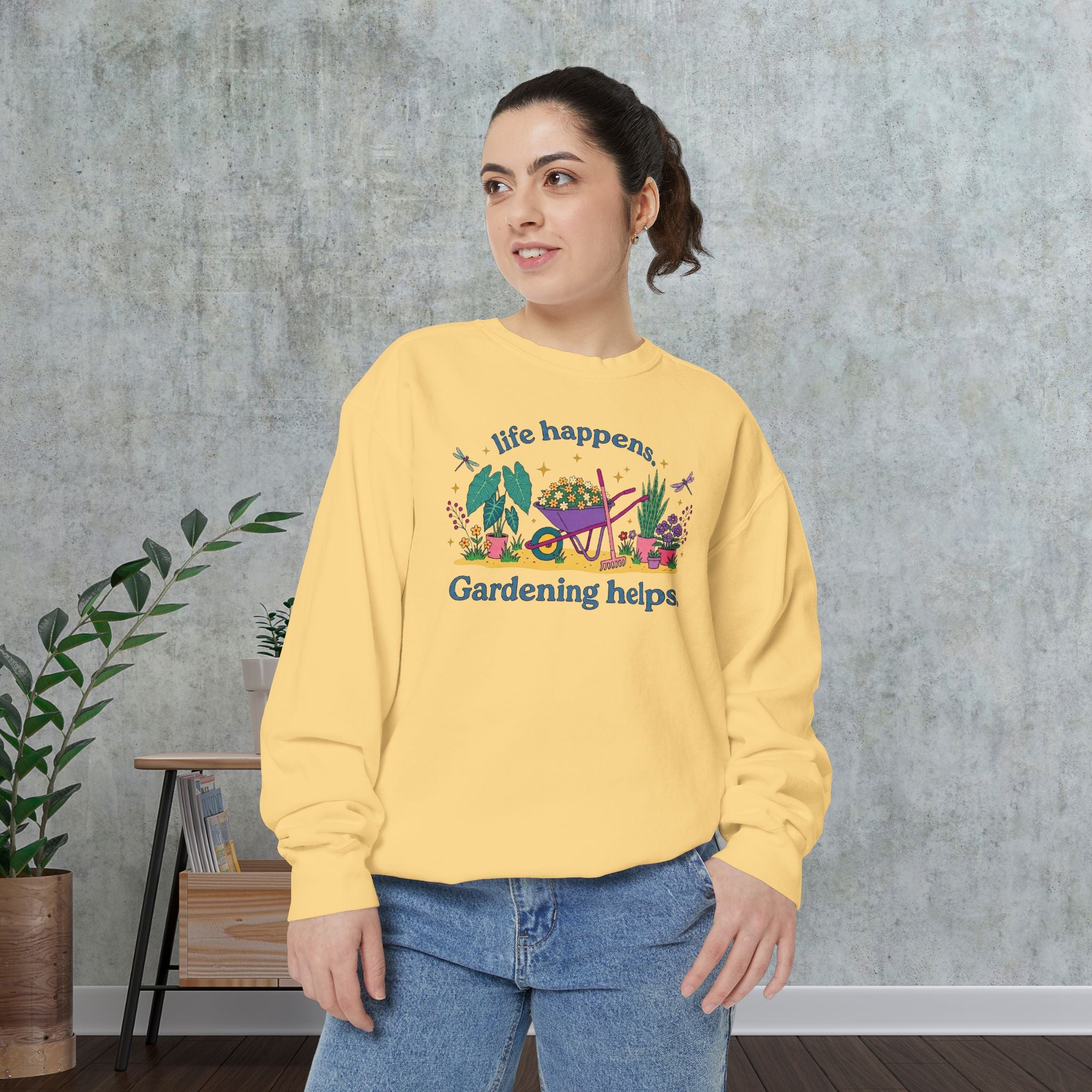 Gardening Helps Sweatshirt — "Life Happens, Gardening Helps" Cozy Crewneck