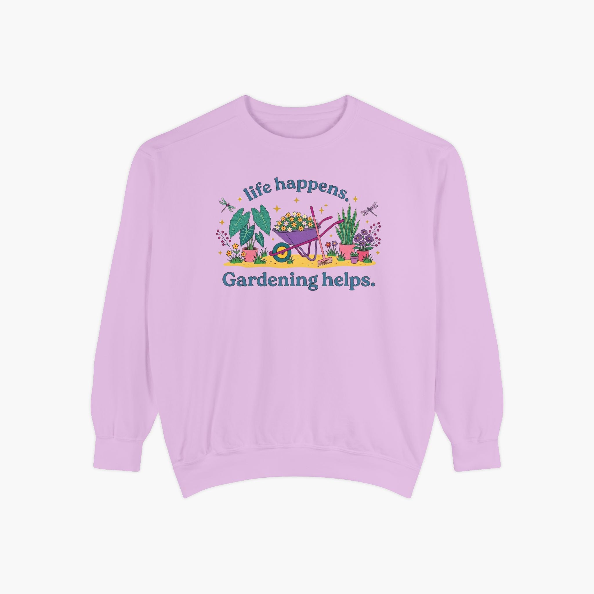 Gardening Helps Sweatshirt — "Life Happens, Gardening Helps" Cozy Crewneck