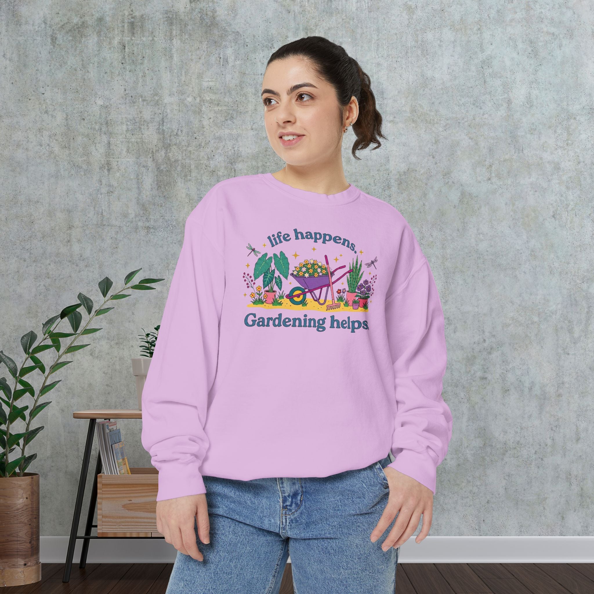 Gardening Helps Sweatshirt — "Life Happens, Gardening Helps" Cozy Crewneck