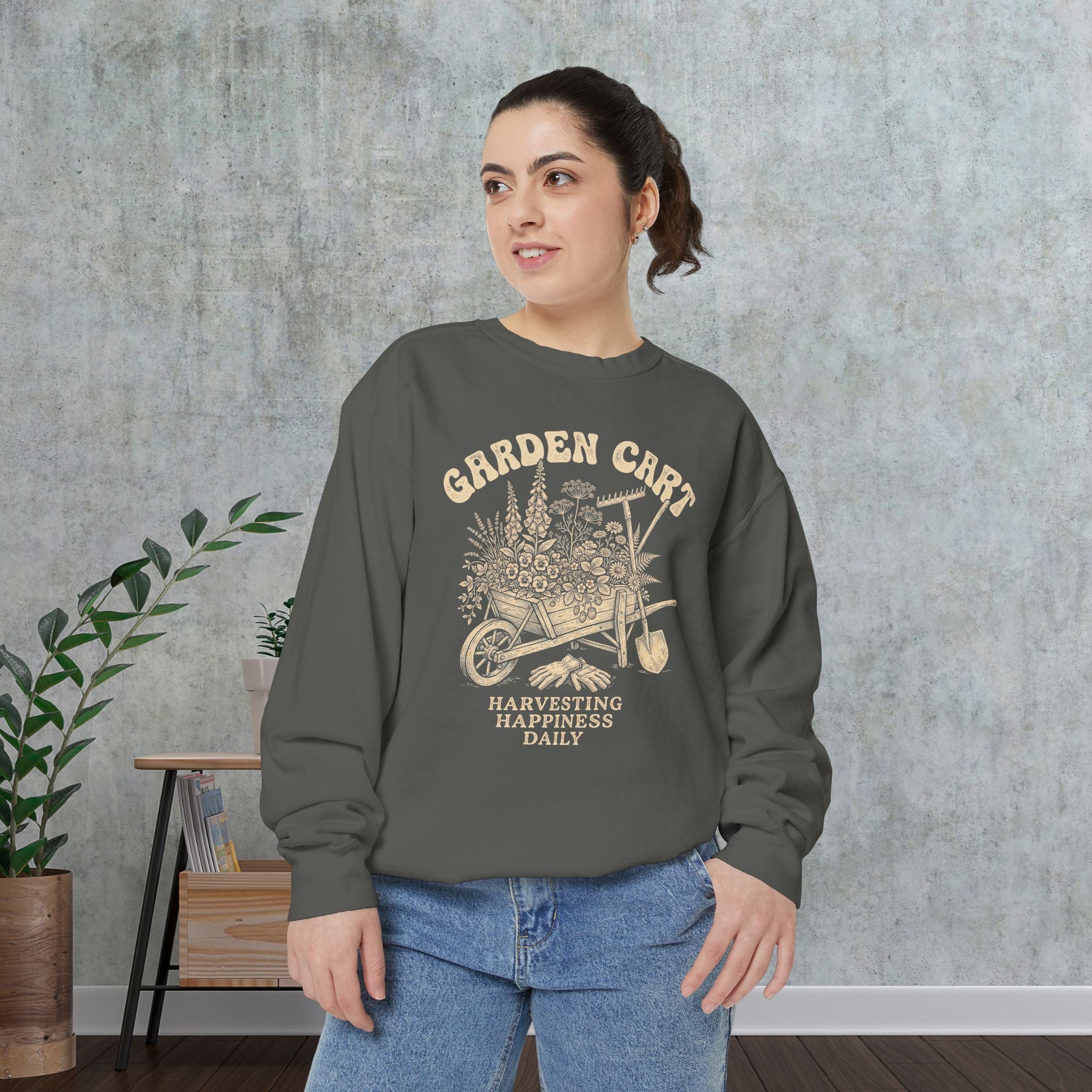Garden Cart Sweatshirt — "Harvesting Happiness Daily" Cozy Gardener Crewneck