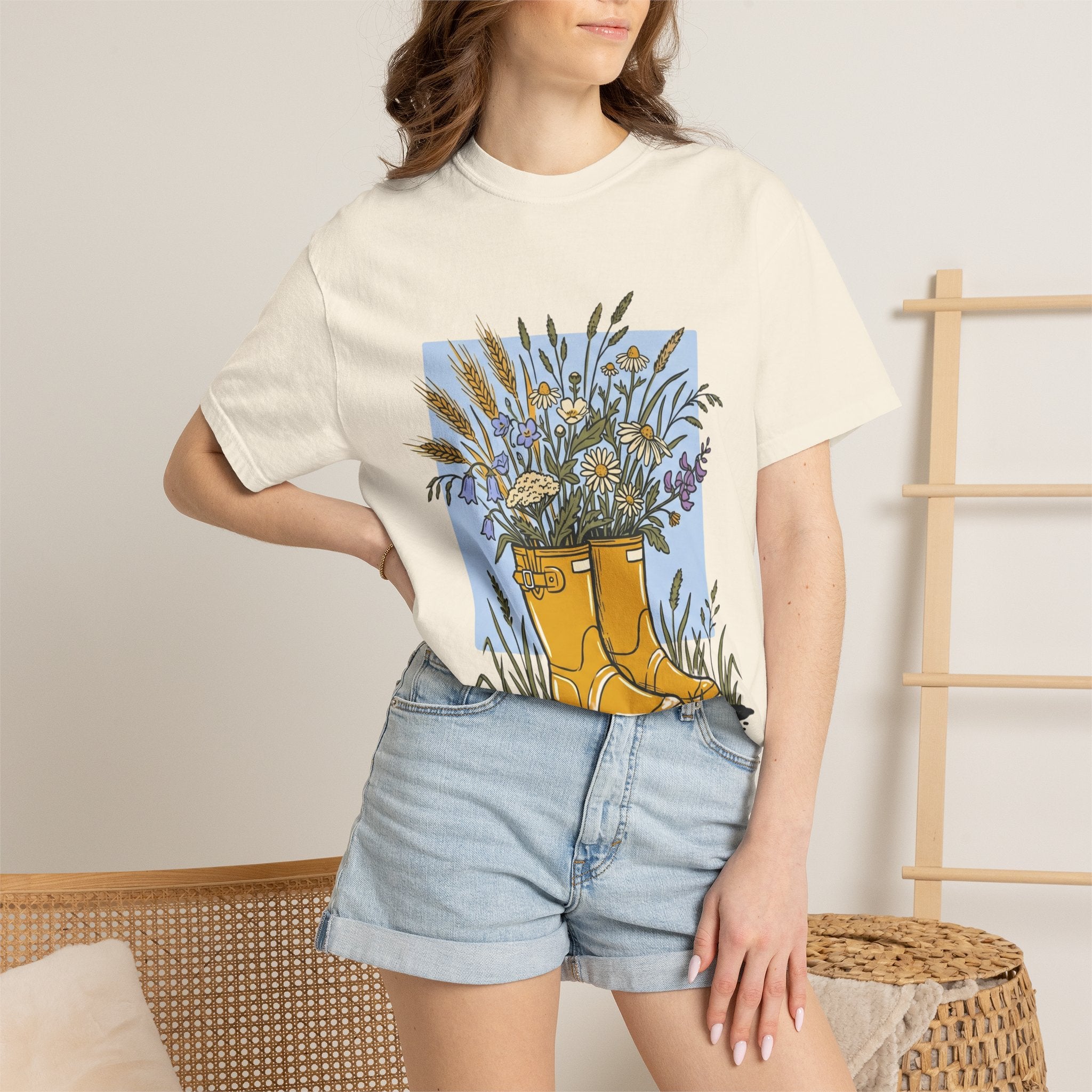 Boots & Wildflowers T-Shirt — Yellow Rain Boot Floral Graphic Tee