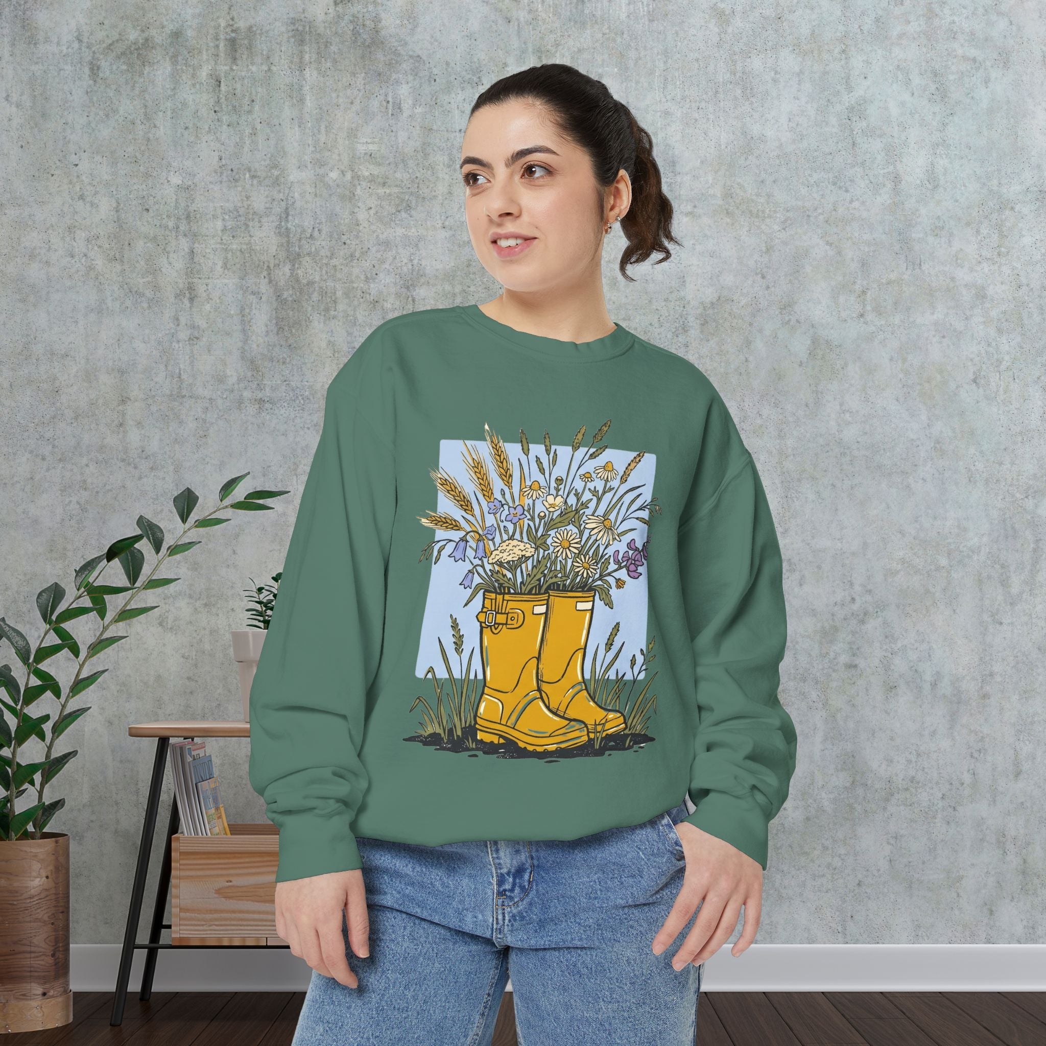 Sweatshirt — Yellow Rain Boots with Wildflowers Graphic