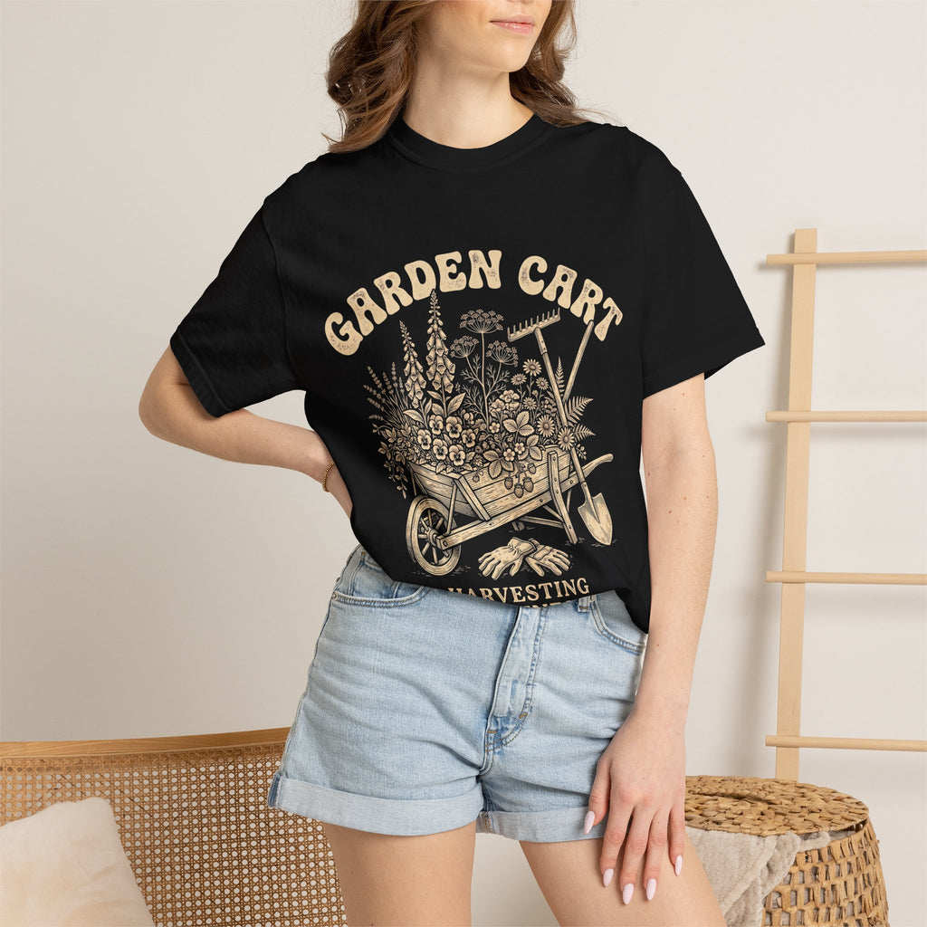 Garden Cart T-Shirt — "Harvesting Happiness Daily" Vintage Gardening Tee