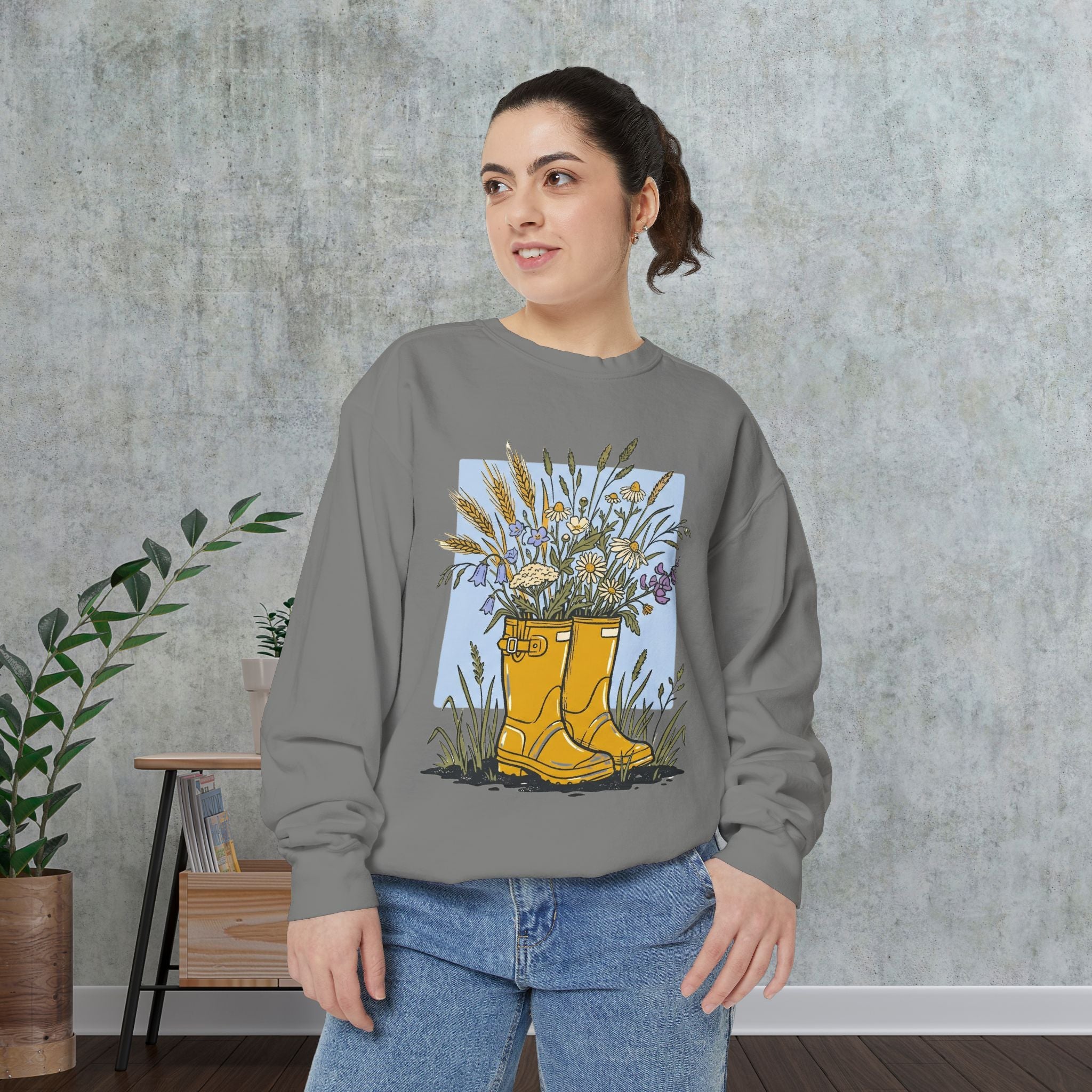 Sweatshirt — Yellow Rain Boots with Wildflowers Graphic