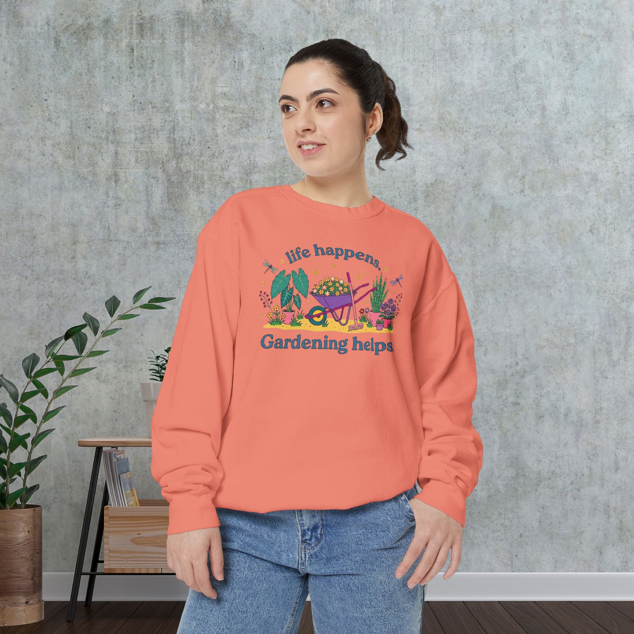 Gardening Helps Sweatshirt — "Life Happens, Gardening Helps" Cozy Crewneck
