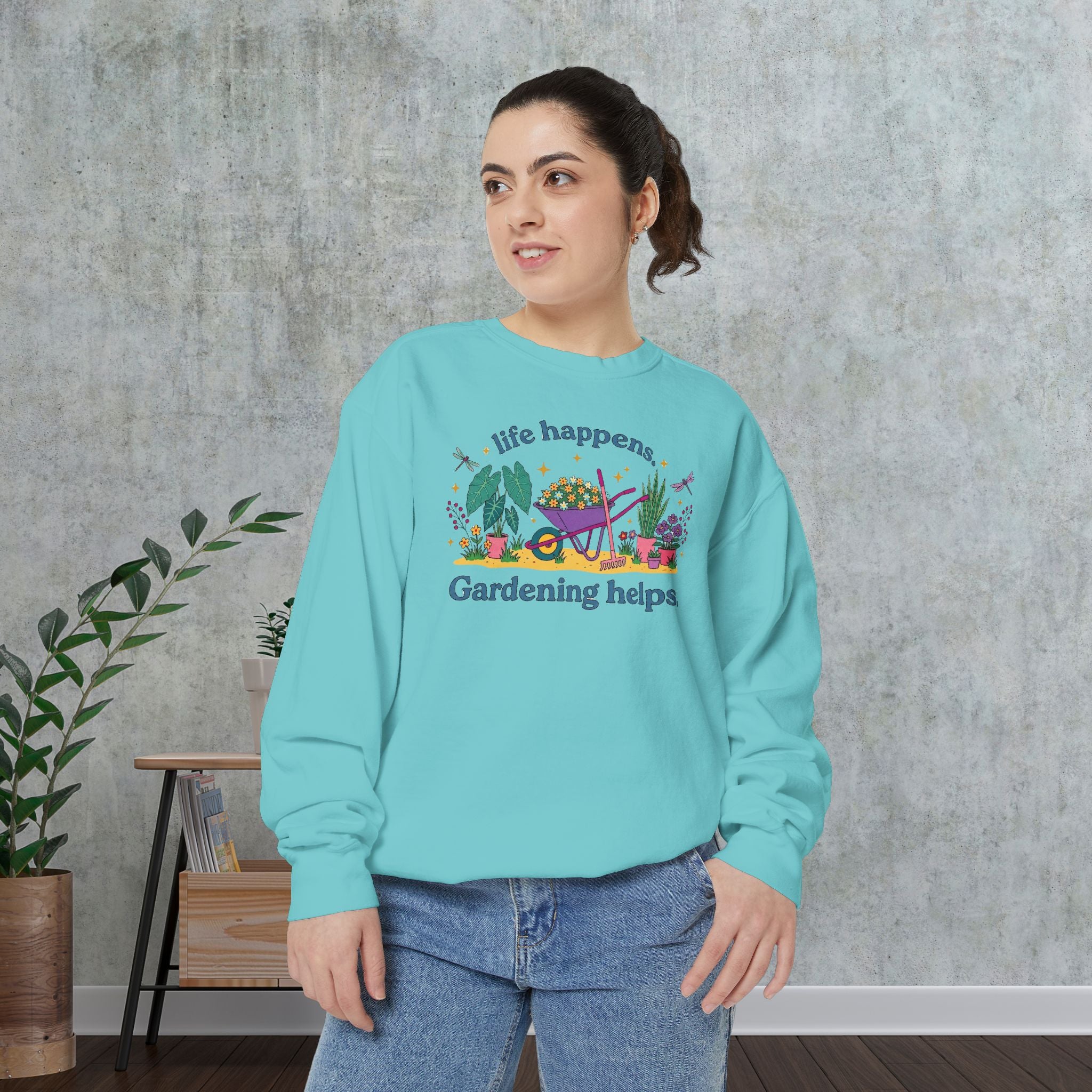 Gardening Helps Sweatshirt — "Life Happens, Gardening Helps" Cozy Crewneck