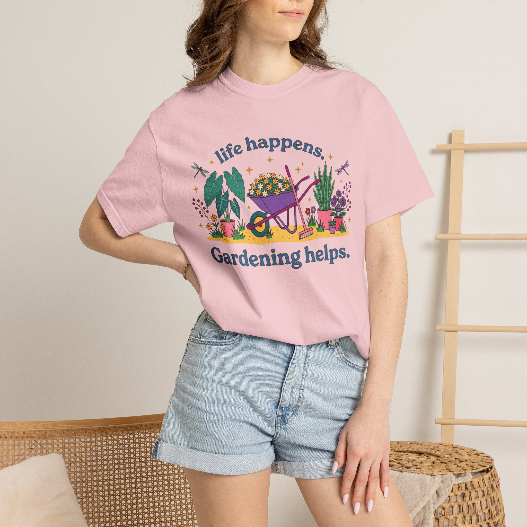 Gardening Helps T-Shirt — "Life Happens, Gardening Helps" Wheelbarrow Garden Tee