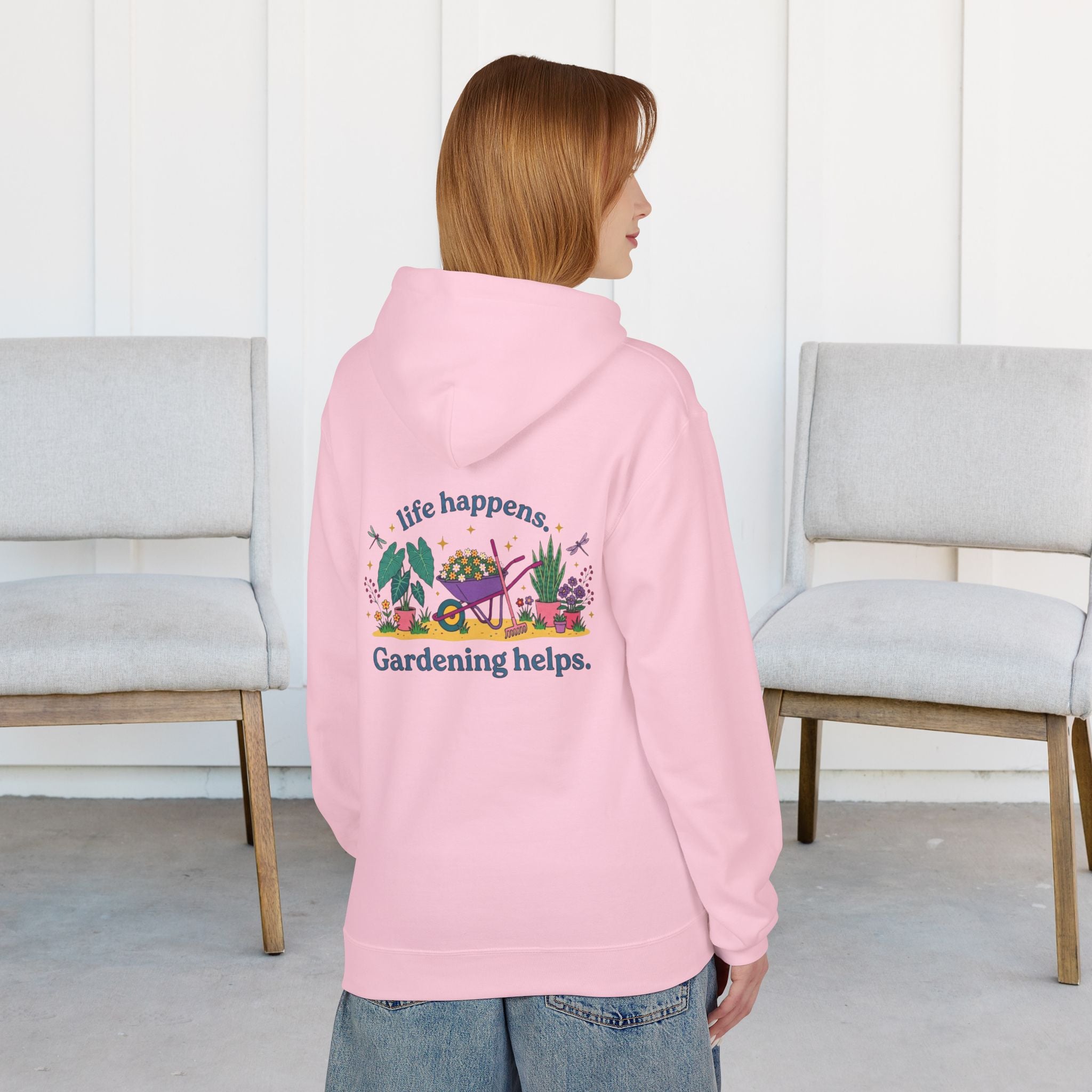 Gardening Hoodie – “Life Happens. Gardening Helps.” Cozy Plant Lover Pullover