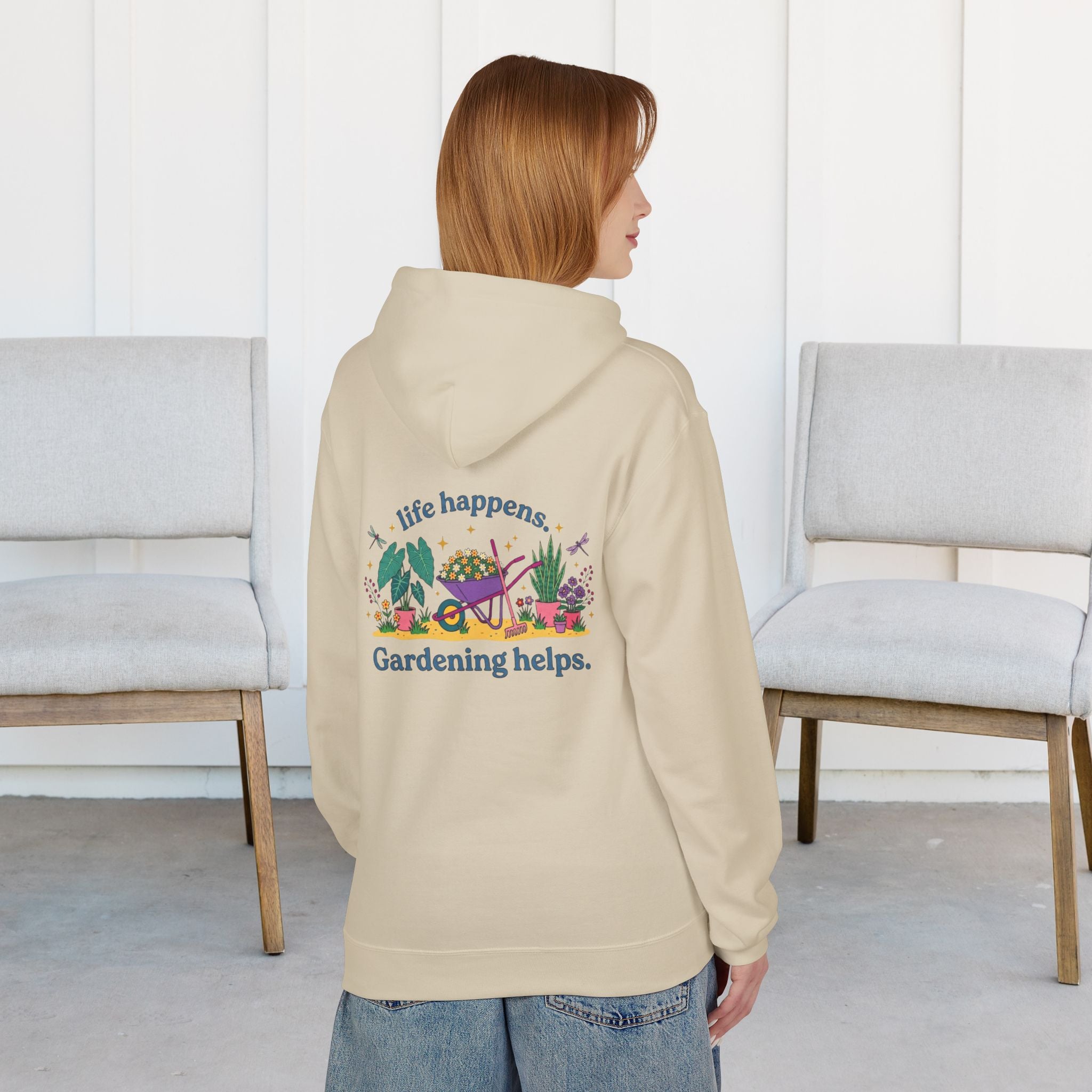 Gardening Hoodie – “Life Happens. Gardening Helps.” Cozy Plant Lover Pullover