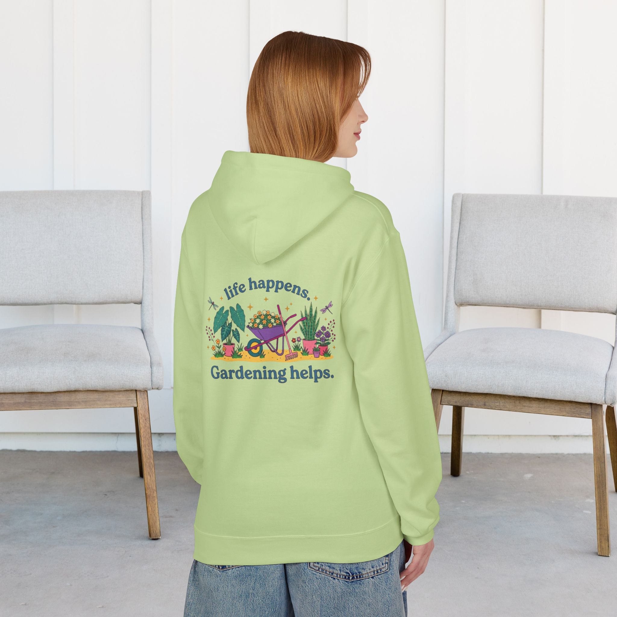 Gardening Hoodie – “Life Happens. Gardening Helps.” Cozy Plant Lover Pullover