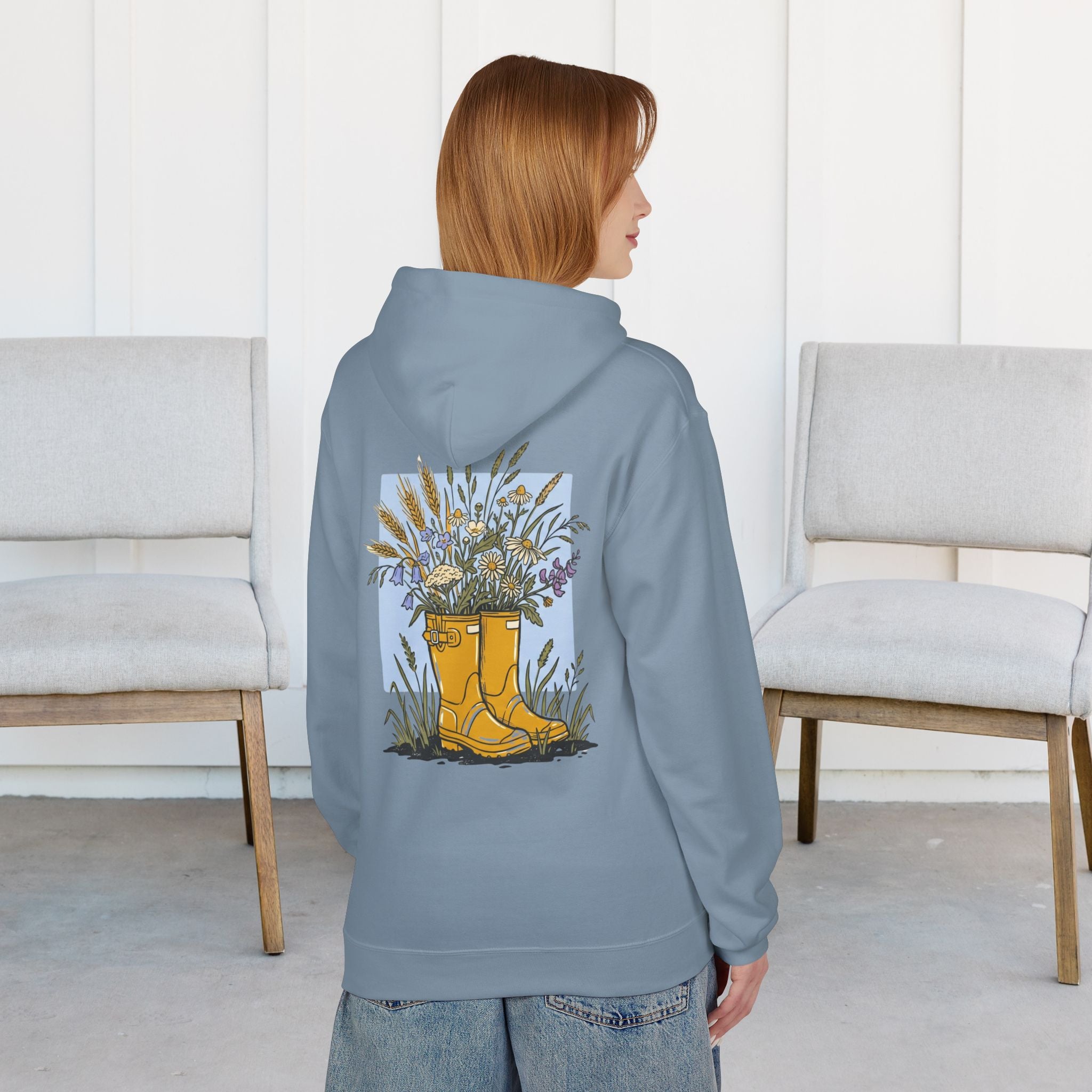 Gardening Boots Floral Hoodie — Yellow Wellies & Wildflowers Pullover
