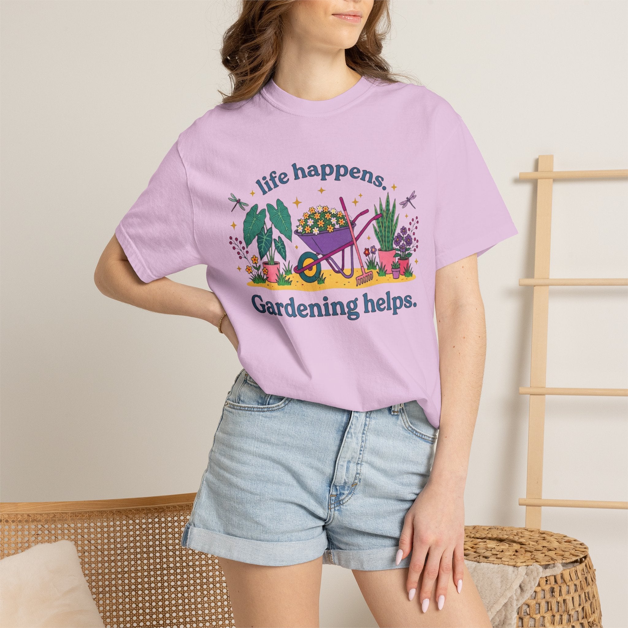 Gardening Helps T-Shirt — "Life Happens, Gardening Helps" Wheelbarrow Garden Tee