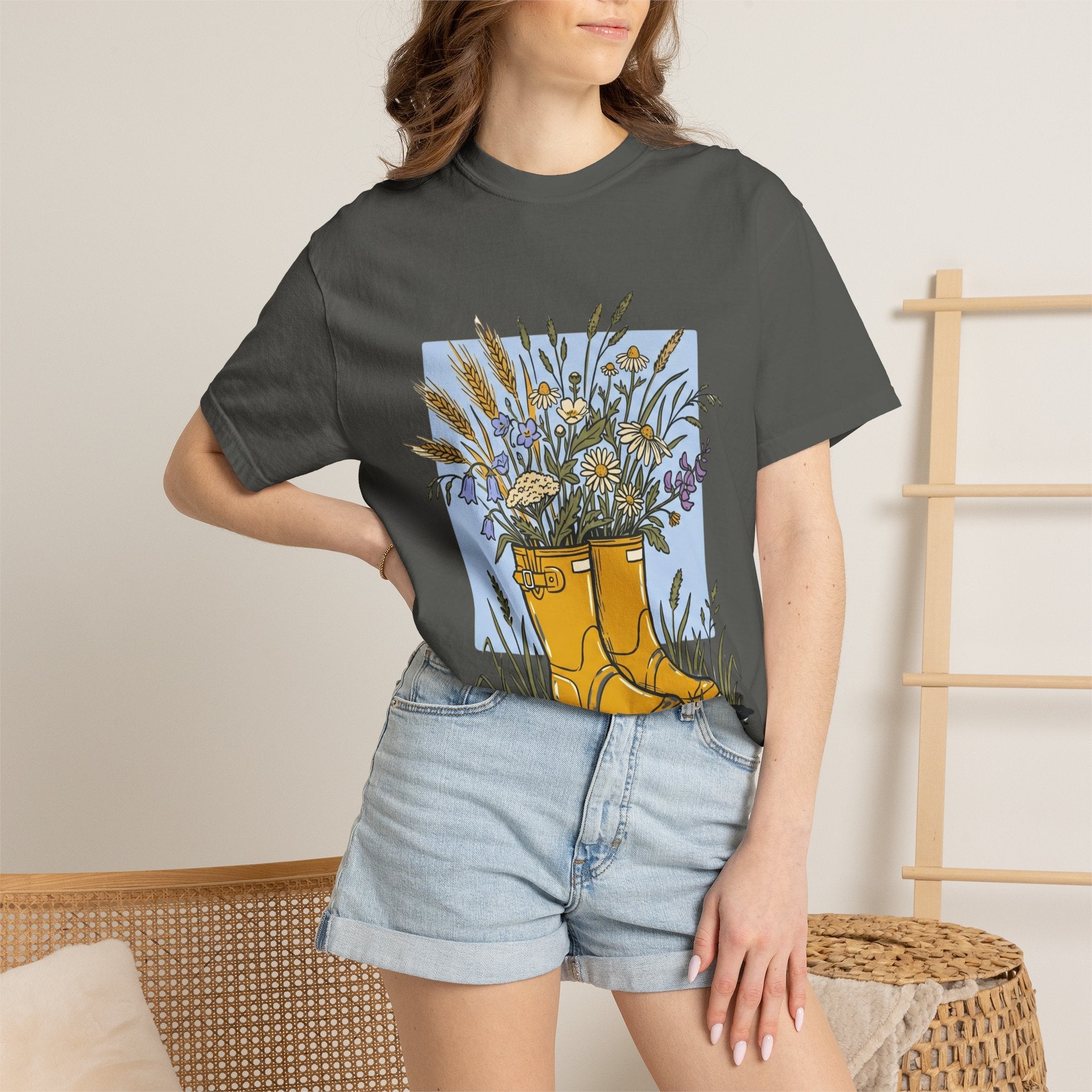 Boots & Wildflowers T-Shirt — Yellow Rain Boot Floral Graphic Tee