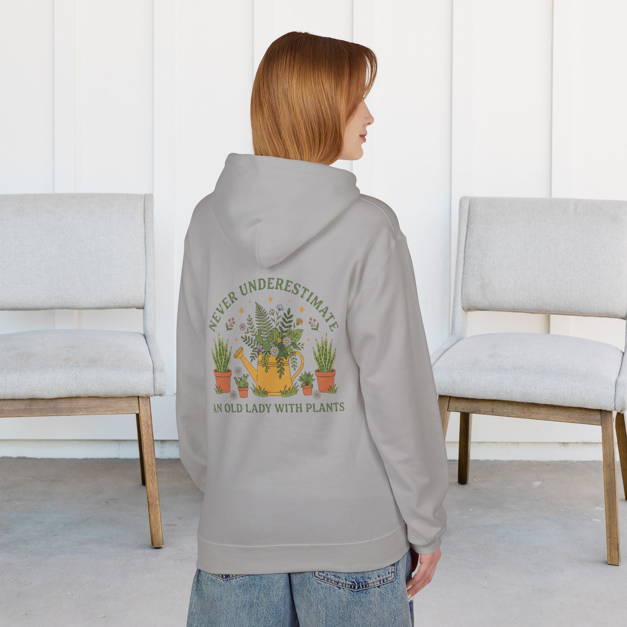 Hoodie — "Never Underestimate an Old Lady With Plants" Gardening Crewneck