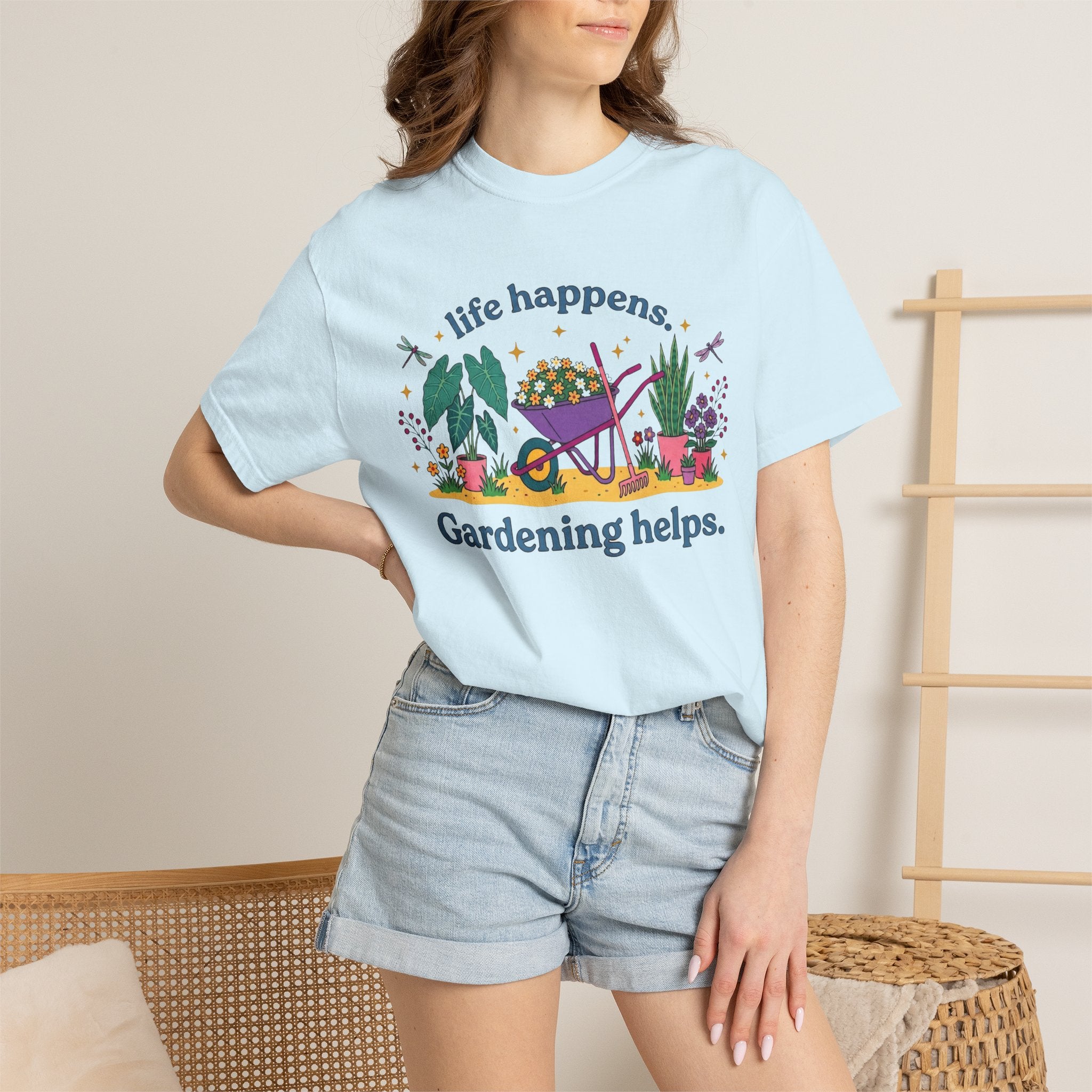Gardening Helps T-Shirt — "Life Happens, Gardening Helps" Wheelbarrow Garden Tee