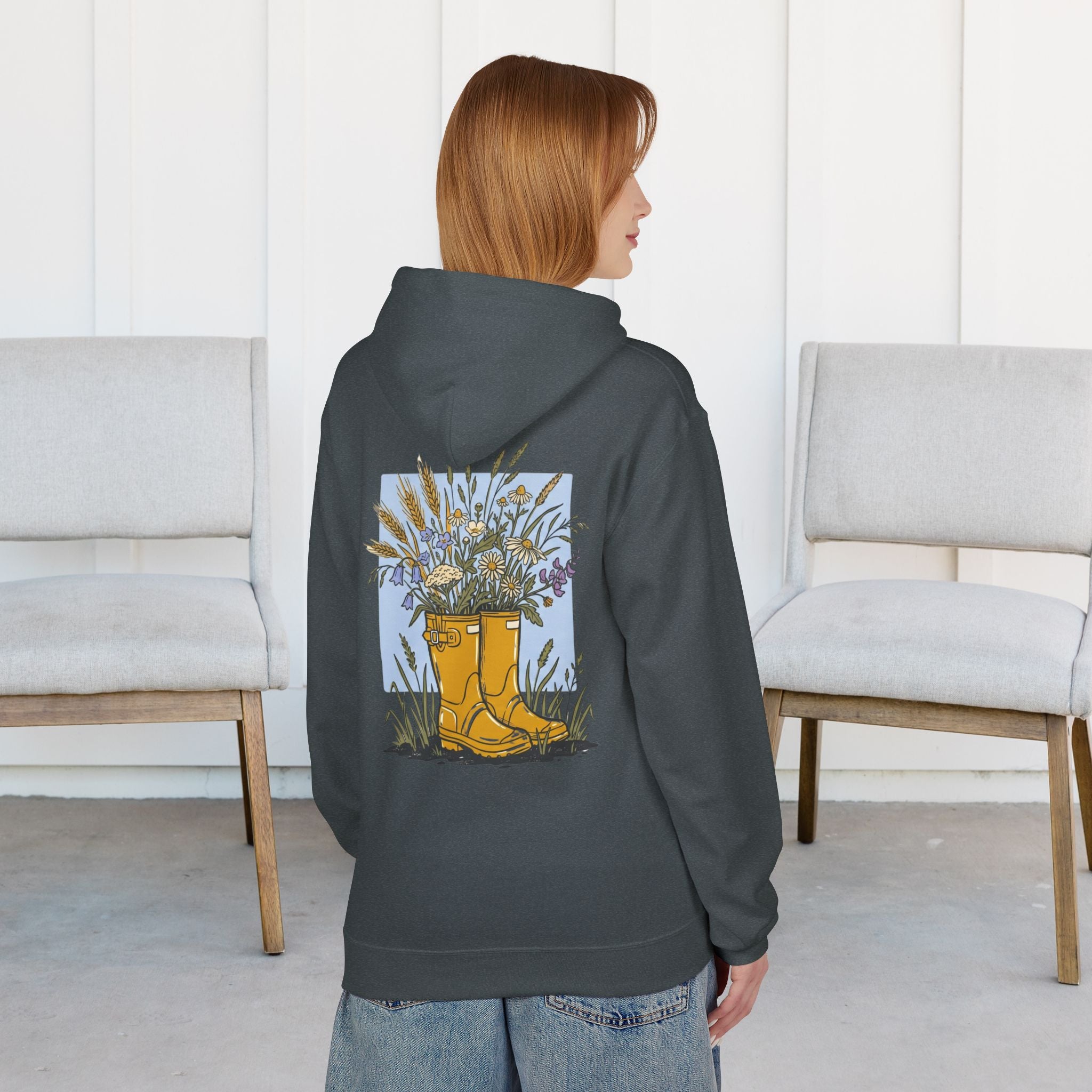 Gardening Boots Floral Hoodie — Yellow Wellies & Wildflowers Pullover