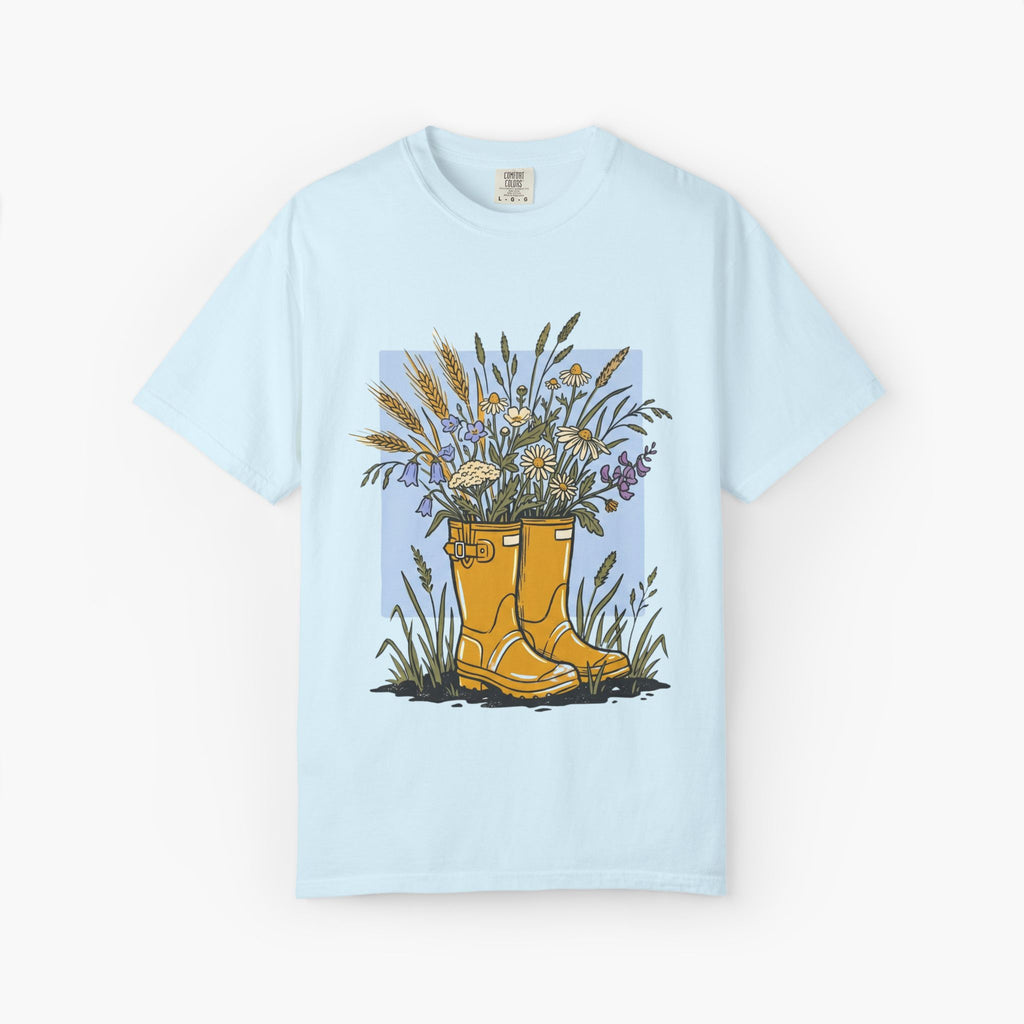 Boots & Wildflowers T-Shirt — Yellow Rain Boot Floral Graphic Tee