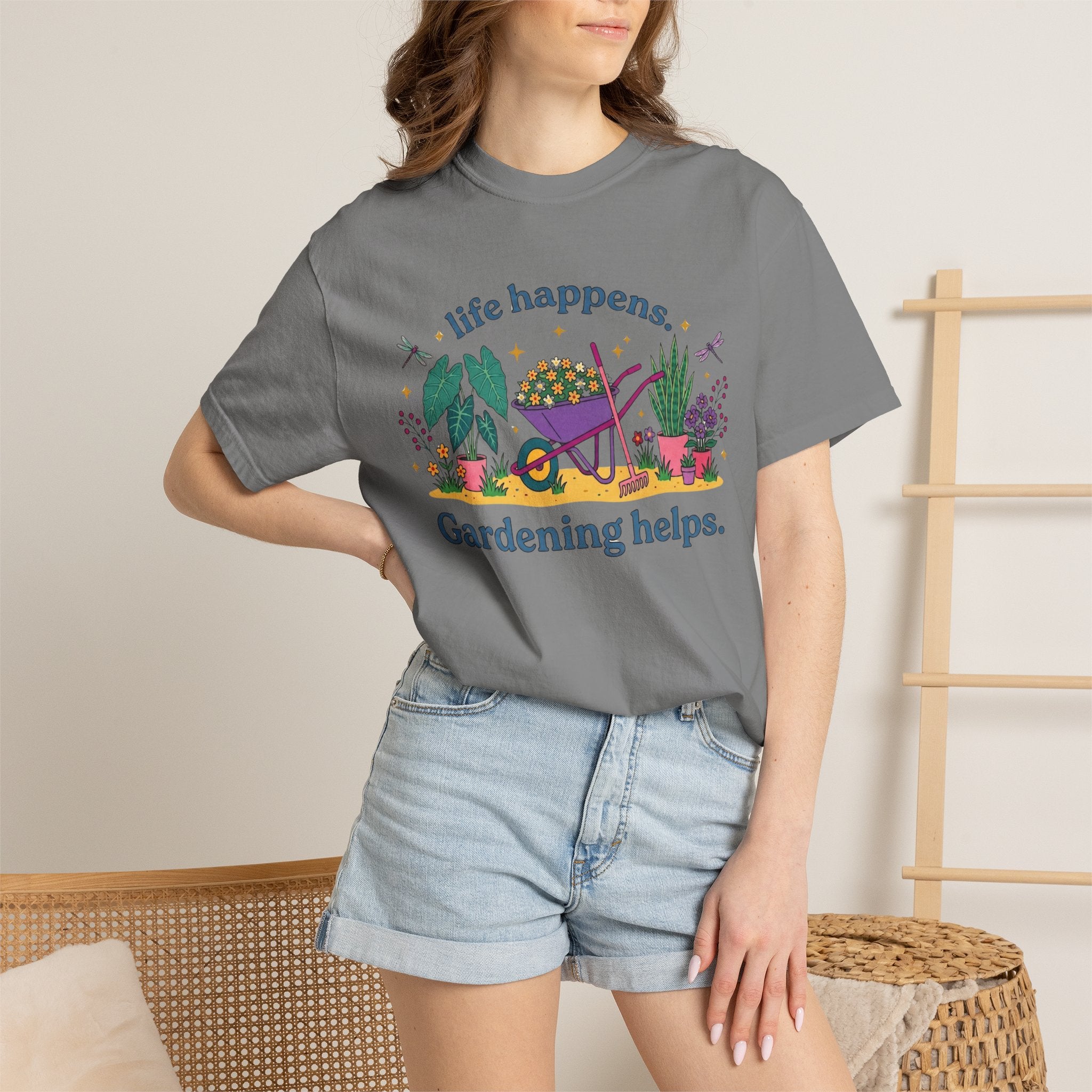 Gardening Helps T-Shirt — "Life Happens, Gardening Helps" Wheelbarrow Garden Tee