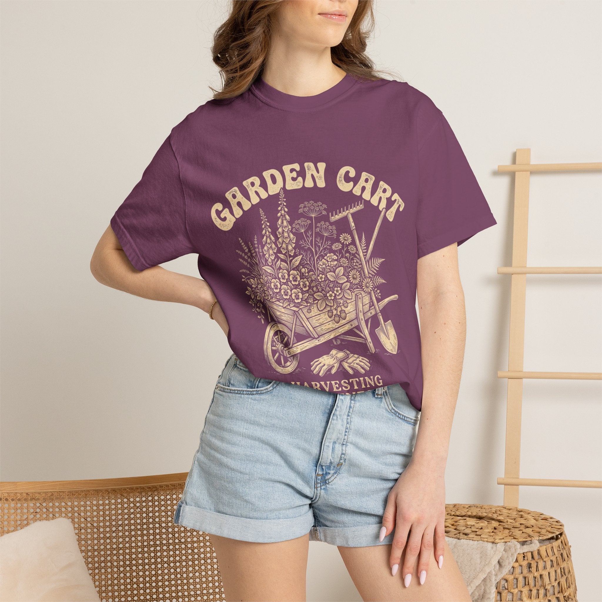 Garden Cart T-Shirt — "Harvesting Happiness Daily" Vintage Gardening Tee