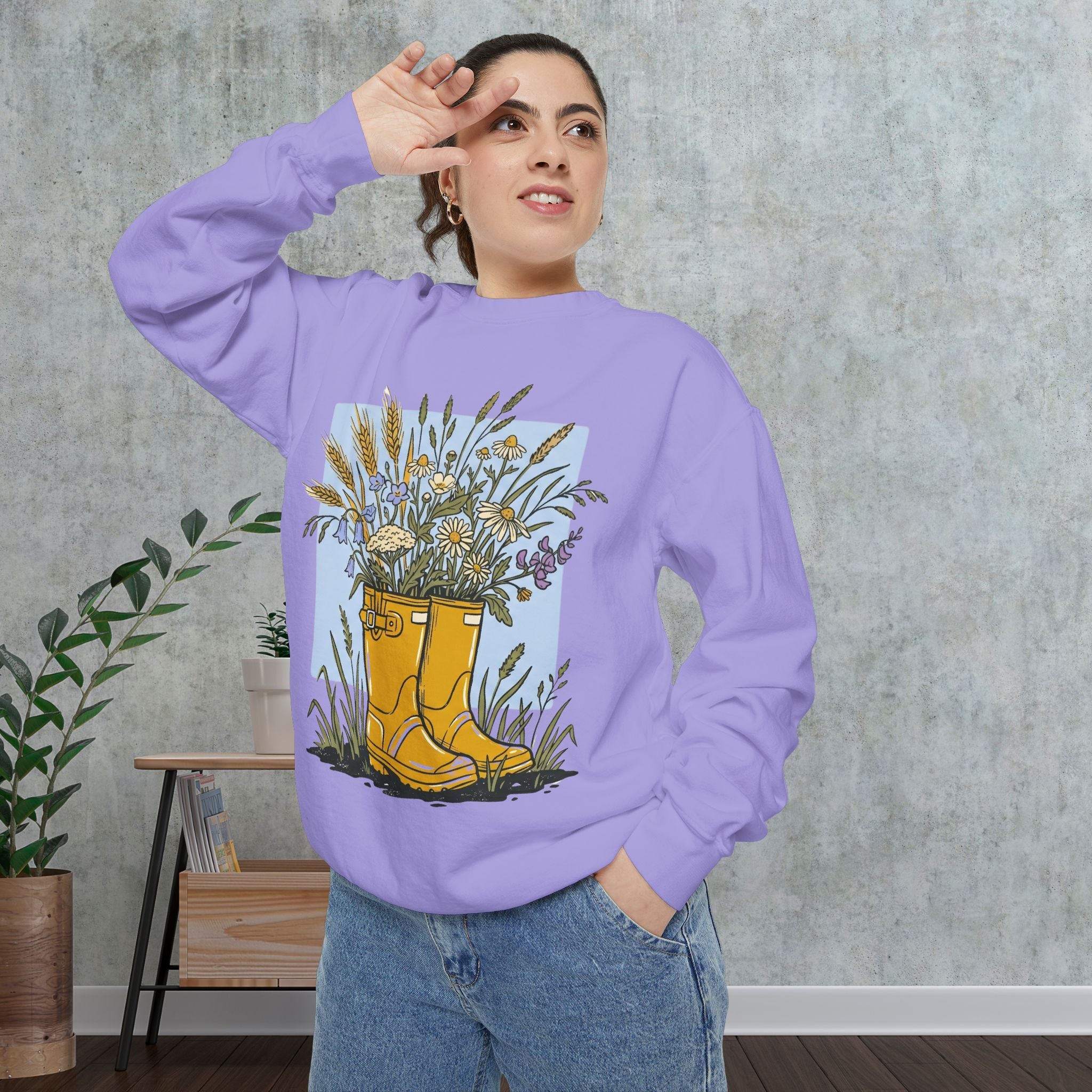 Sweatshirt — Yellow Rain Boots with Wildflowers Graphic
