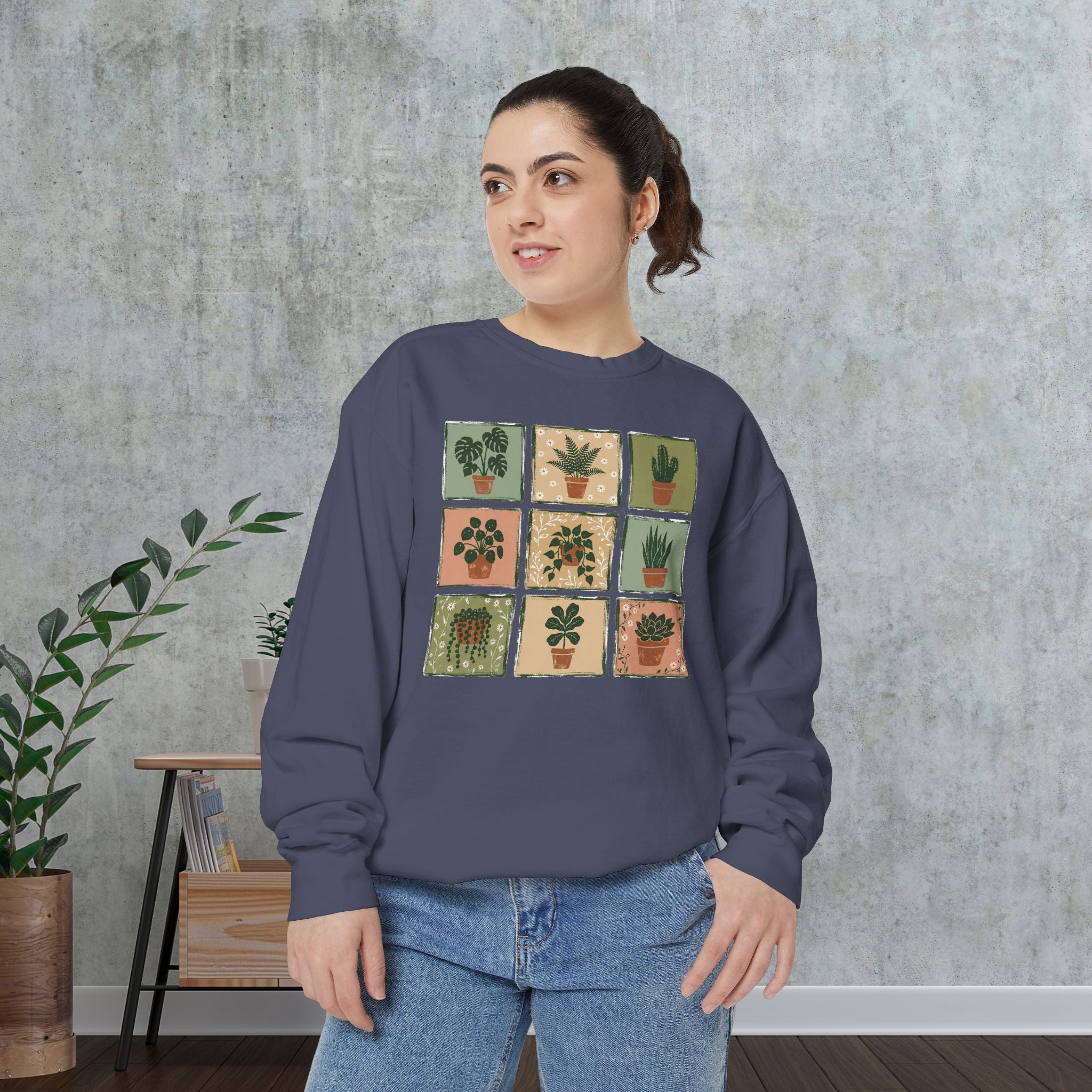 Plant Grid Sweatshirt — Vintage Potted Succulents Crewneck