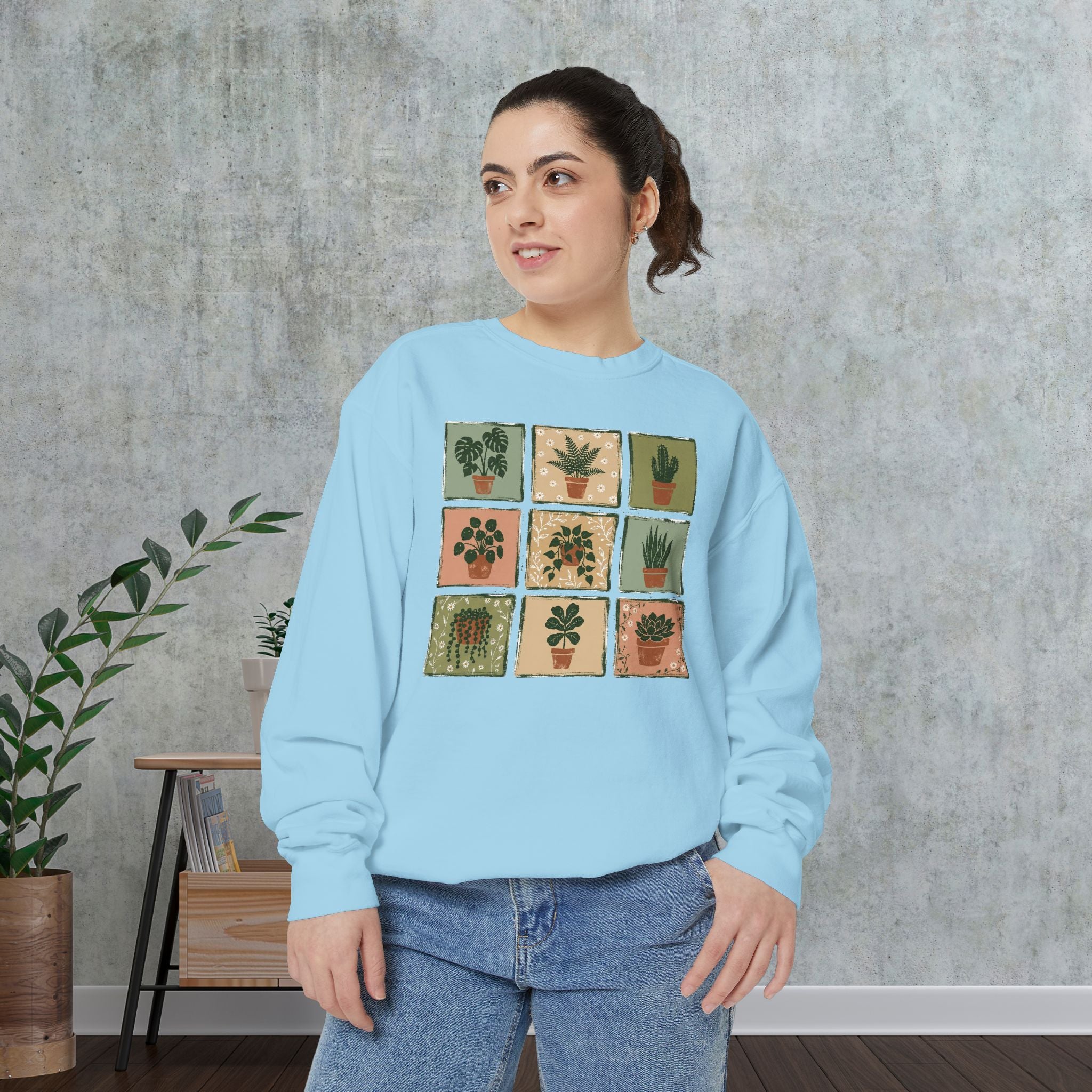 Plant Grid Sweatshirt — Vintage Potted Succulents Crewneck