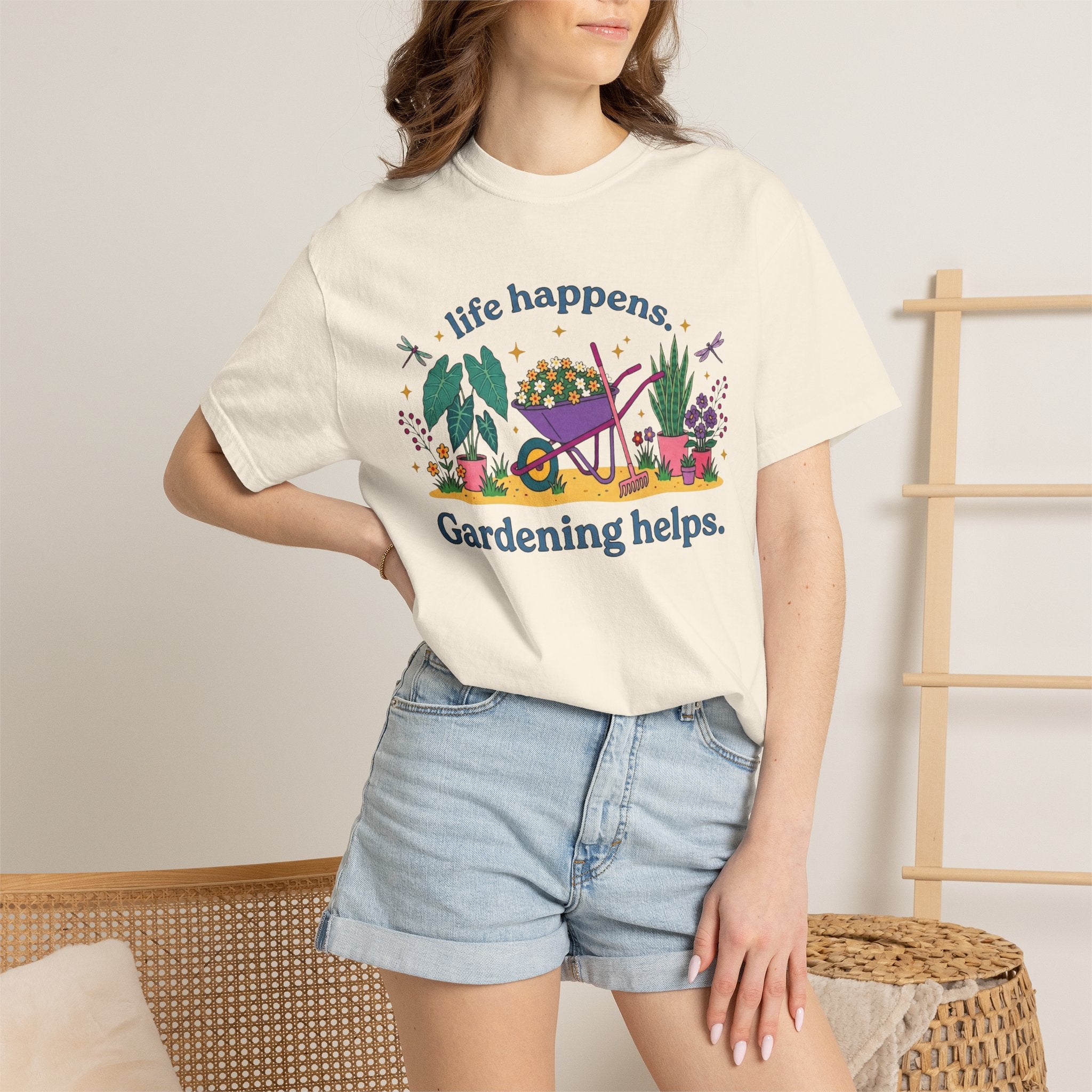 Gardening Helps T-Shirt — "Life Happens, Gardening Helps" Wheelbarrow Garden Tee