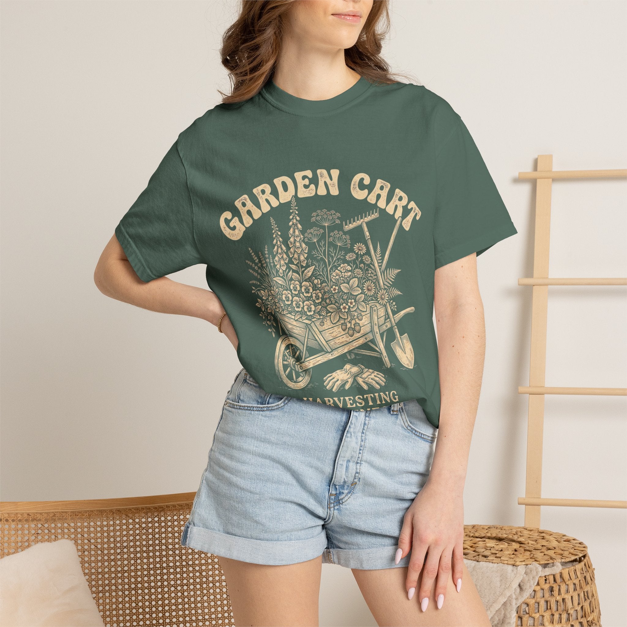 Garden Cart T-Shirt — "Harvesting Happiness Daily" Vintage Gardening Tee