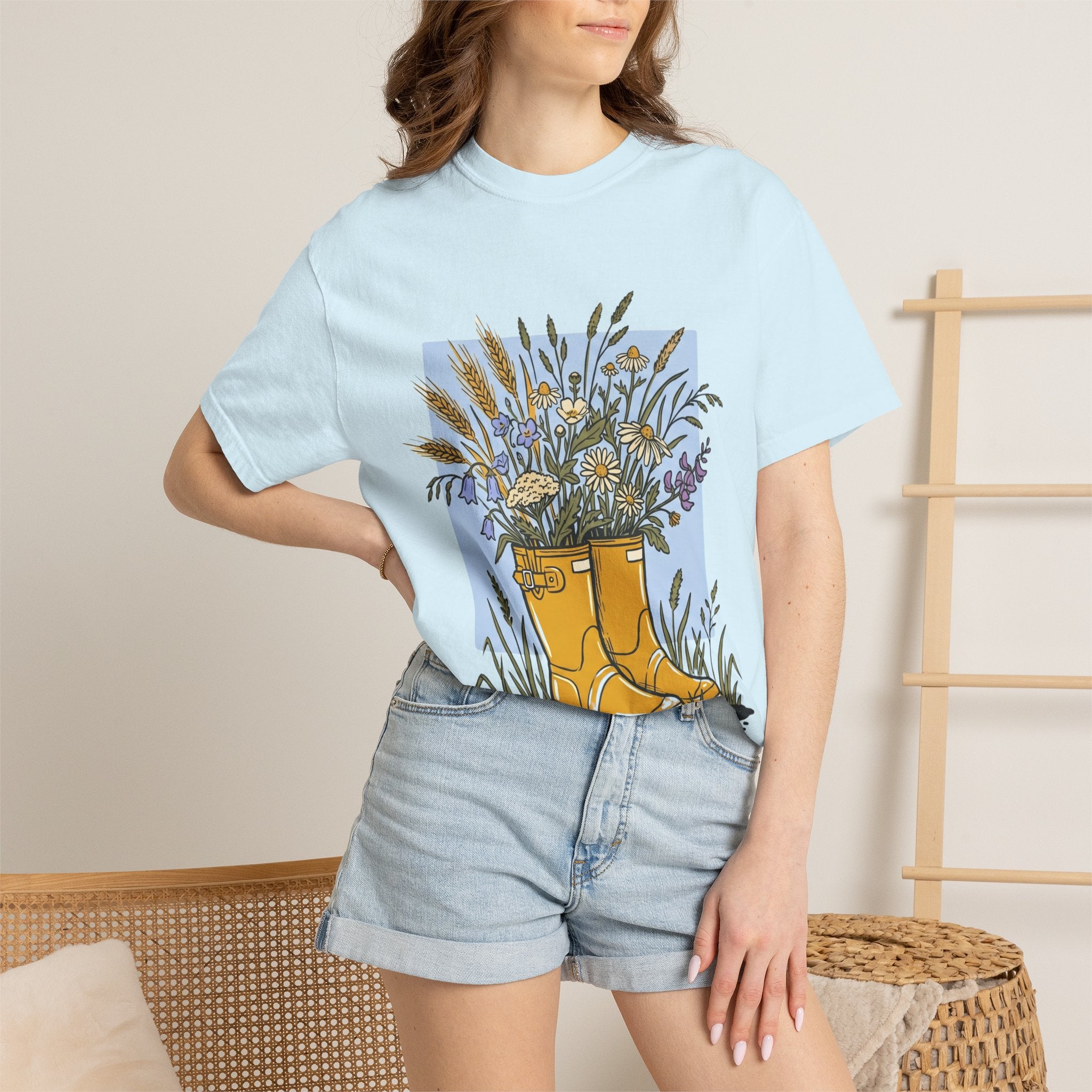 Boots & Wildflowers T-Shirt — Yellow Rain Boot Floral Graphic Tee