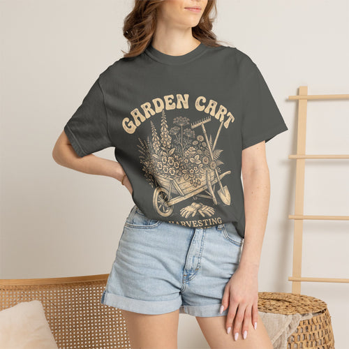 Garden Cart T-Shirt — "Harvesting Happiness Daily" Vintage Gardening Tee