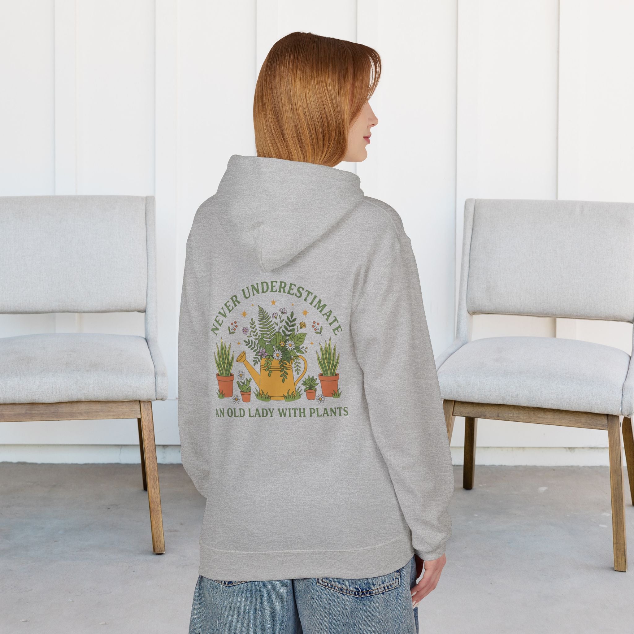Hoodie — "Never Underestimate an Old Lady With Plants" Gardening Crewneck