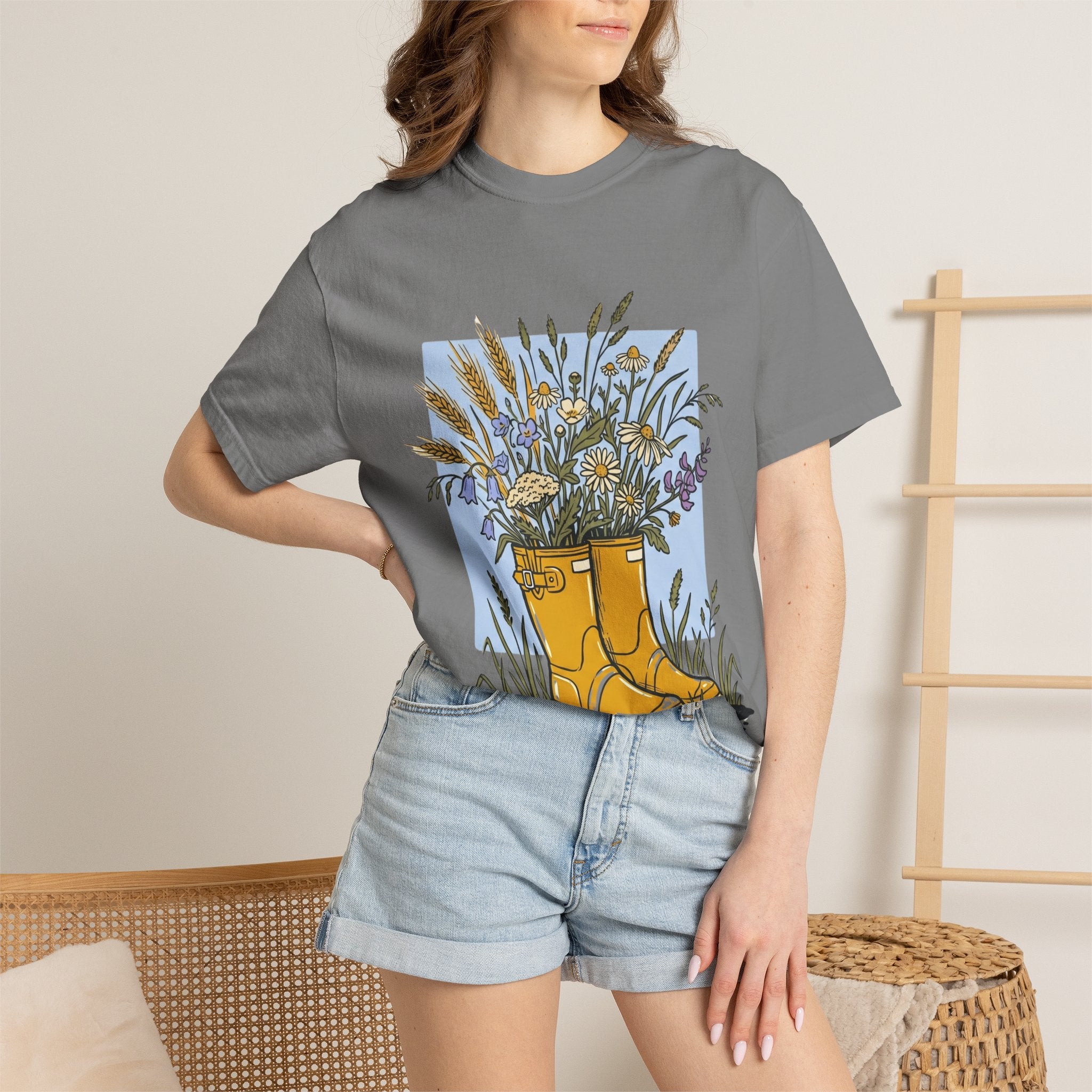 Boots & Wildflowers T-Shirt — Yellow Rain Boot Floral Graphic Tee