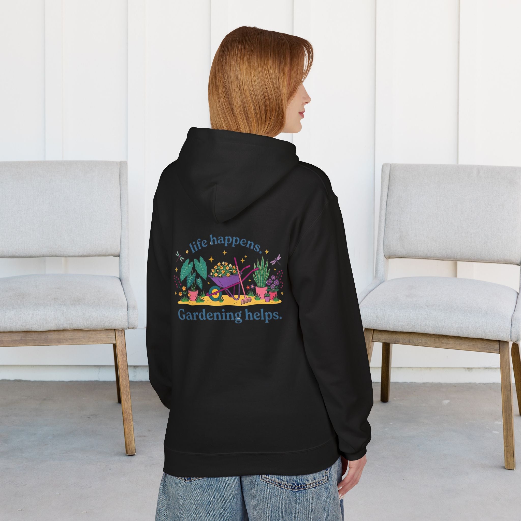 Gardening Hoodie – “Life Happens. Gardening Helps.” Cozy Plant Lover Pullover