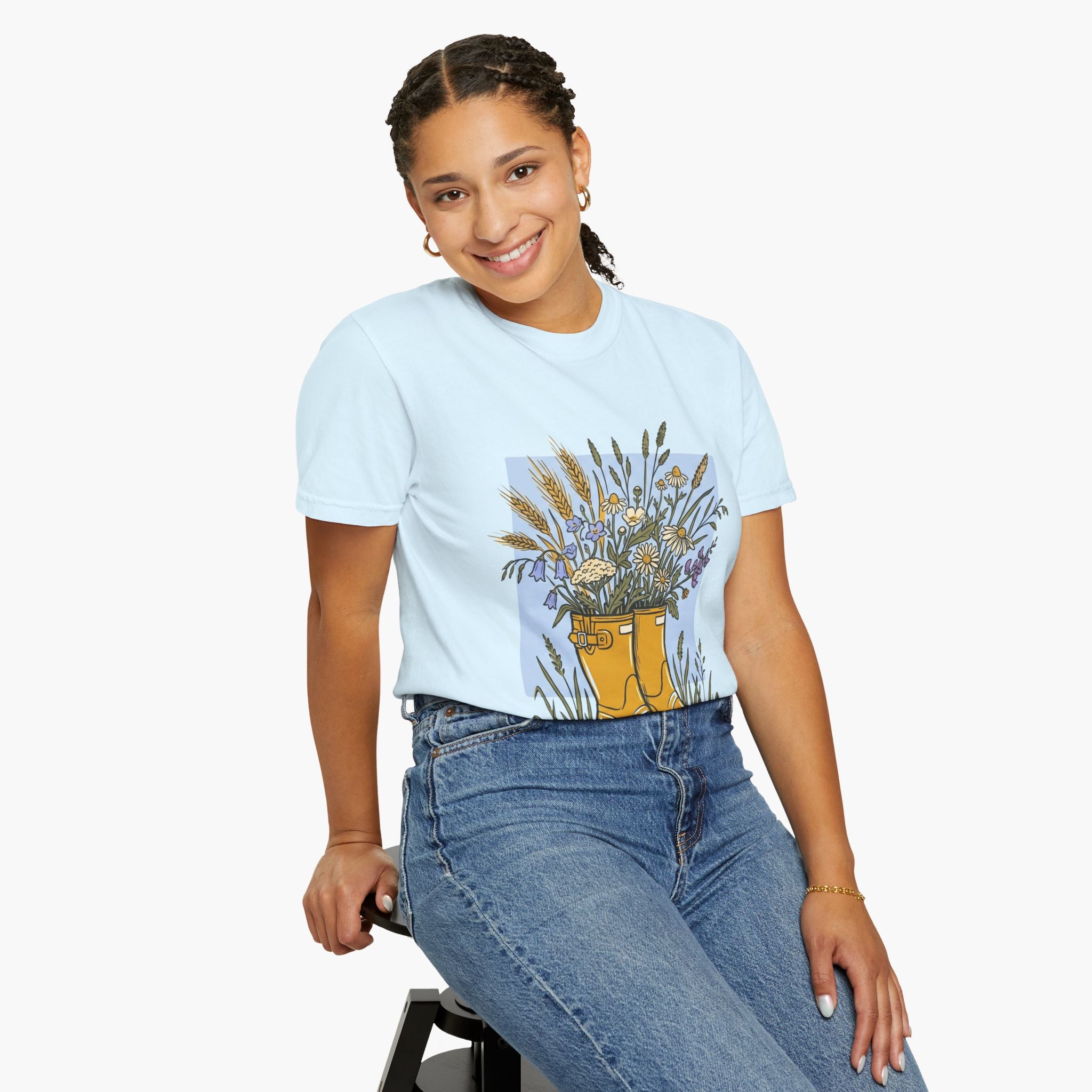 Boots & Wildflowers T-Shirt — Yellow Rain Boot Floral Graphic Tee