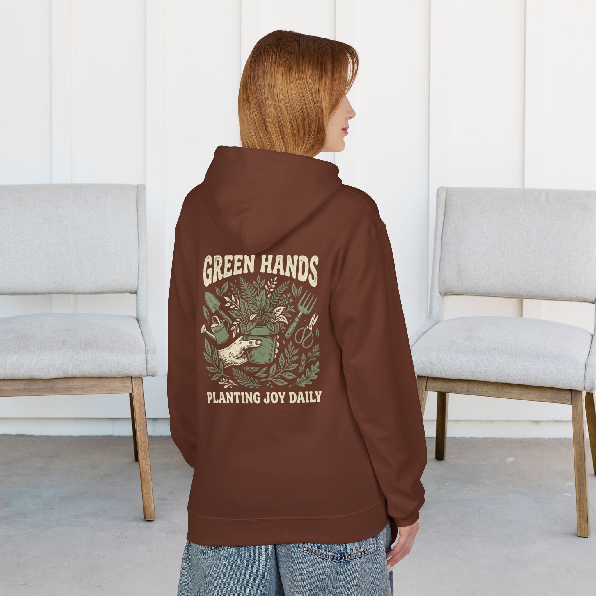 Gardener Hoodie — "Green Hands: Planting Joy Daily" Back Graphic
