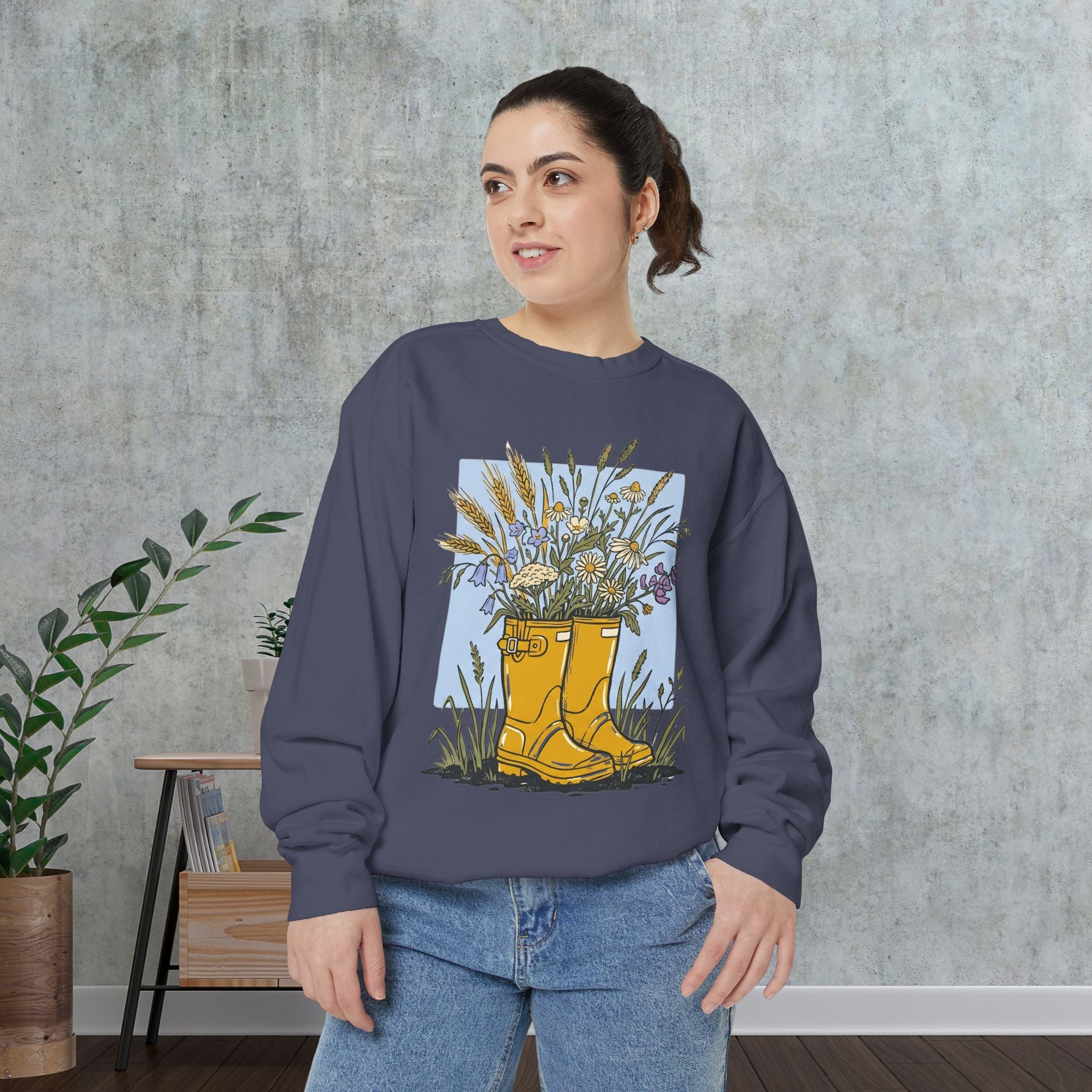 Sweatshirt — Yellow Rain Boots with Wildflowers Graphic