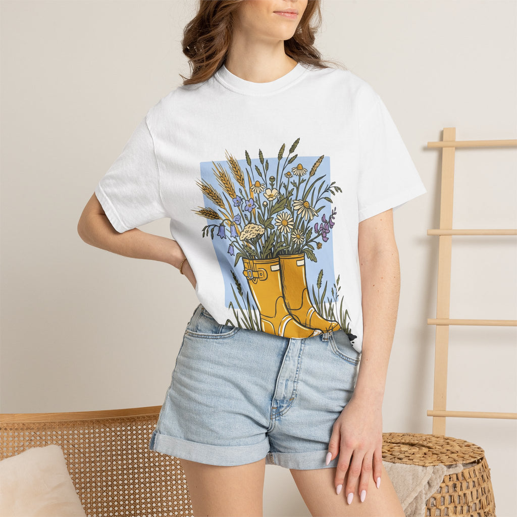 Boots & Wildflowers T-Shirt — Yellow Rain Boot Floral Graphic Tee