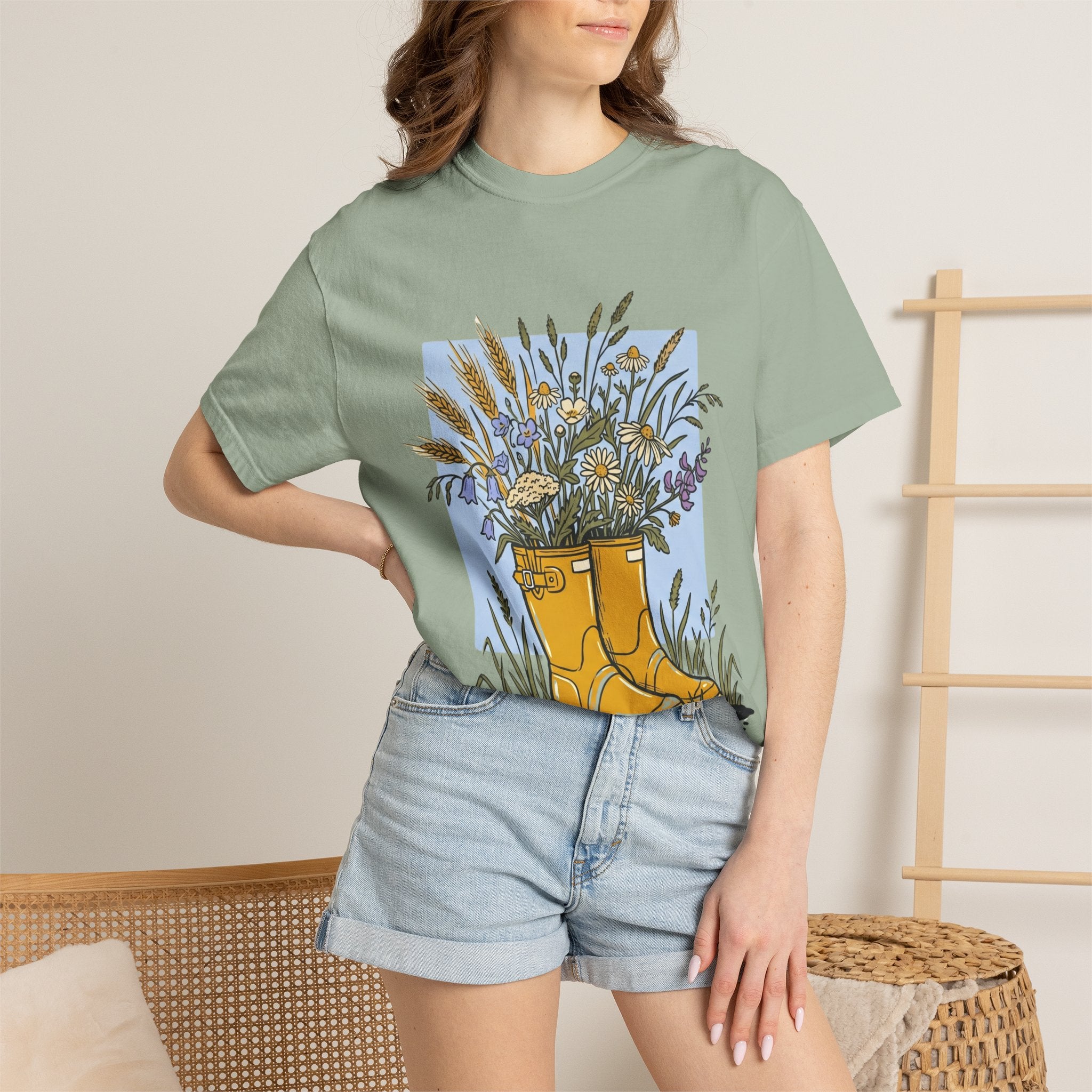 Boots & Wildflowers T-Shirt — Yellow Rain Boot Floral Graphic Tee