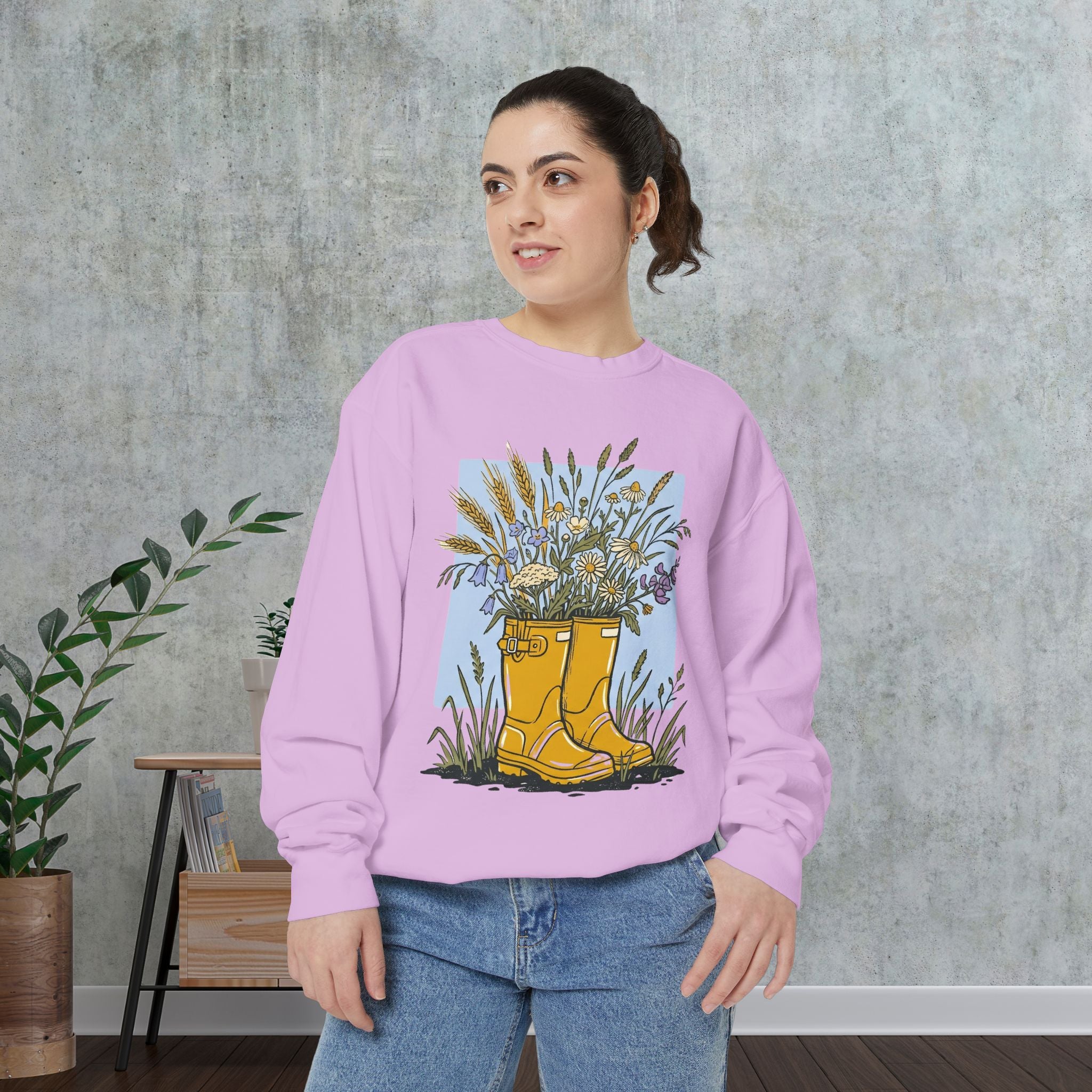 Sweatshirt — Yellow Rain Boots with Wildflowers Graphic