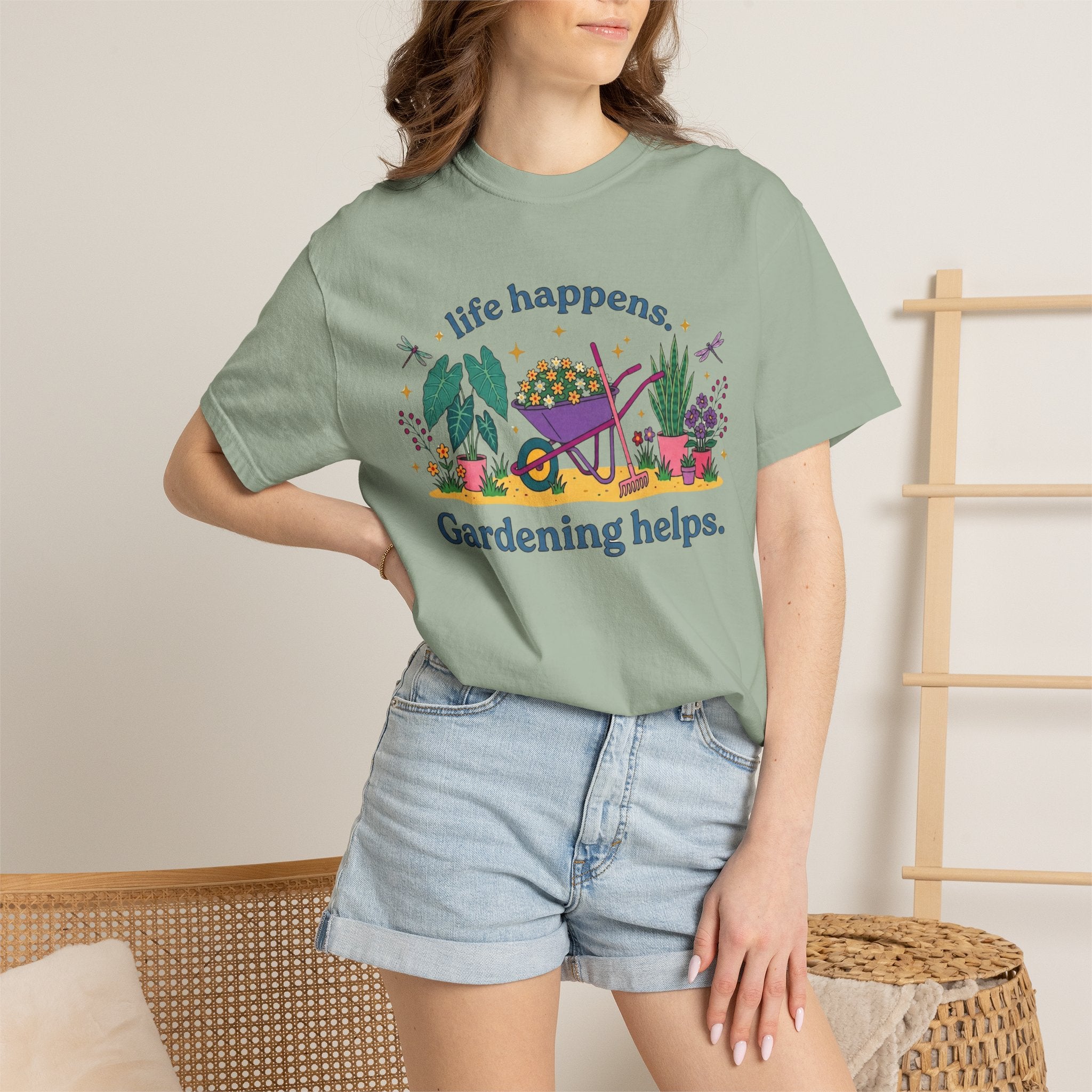 Gardening Helps T-Shirt — "Life Happens, Gardening Helps" Wheelbarrow Garden Tee