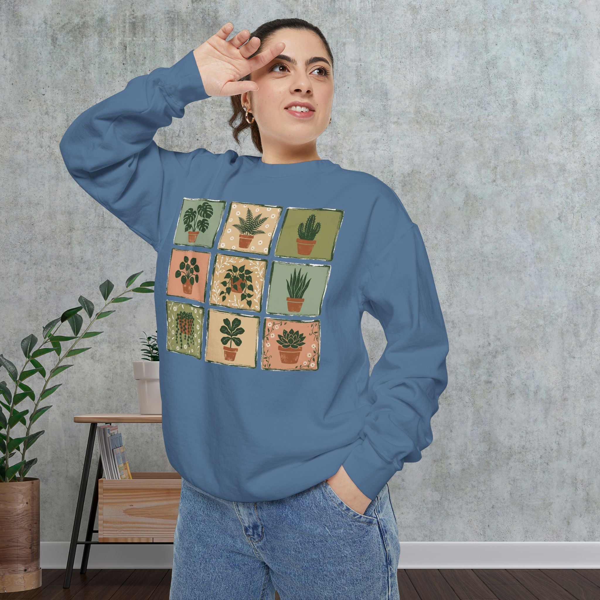Plant Grid Sweatshirt — Vintage Potted Succulents Crewneck