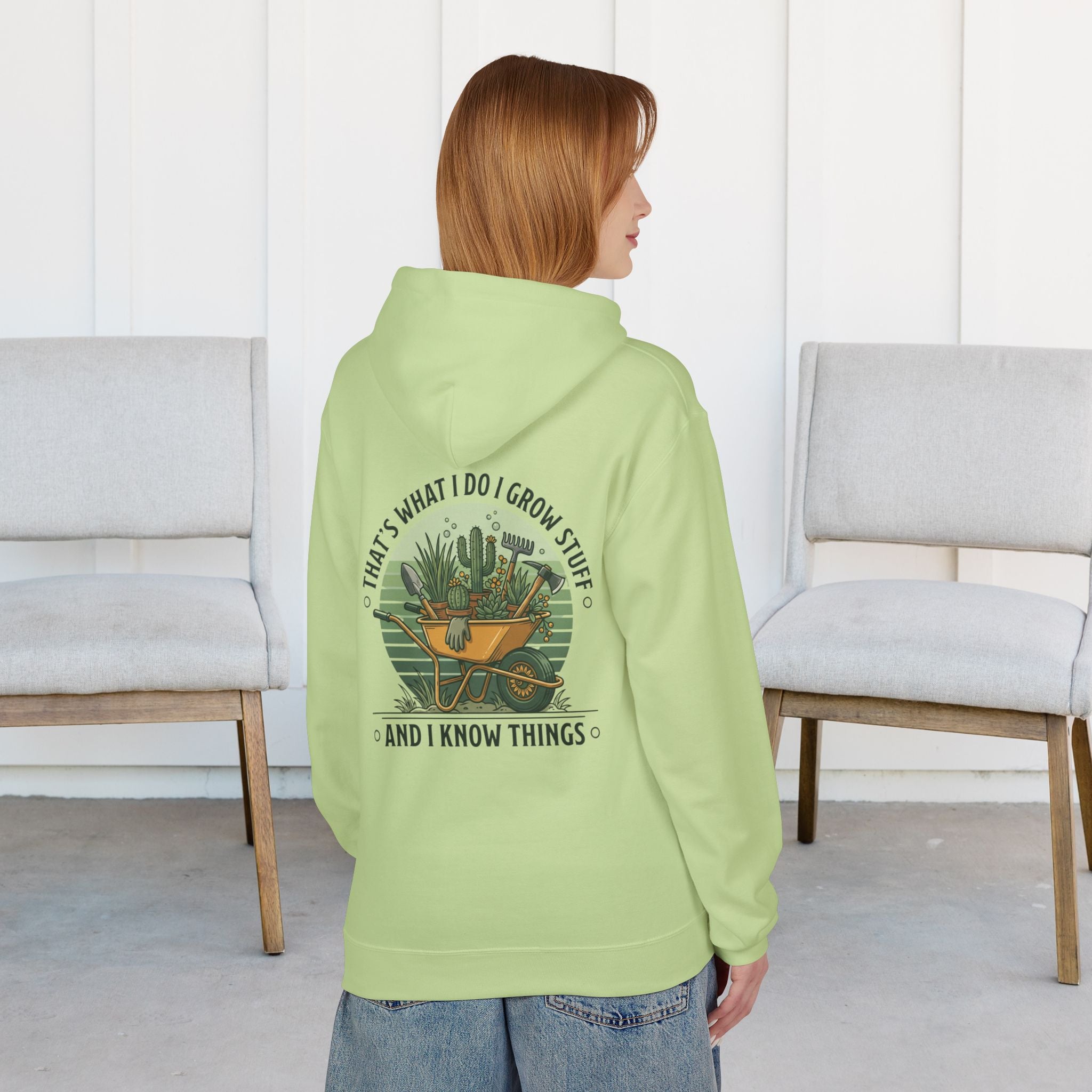 Gardening Hoodie — “I Grow Stuff and I Know Things” Retro Cactus Design