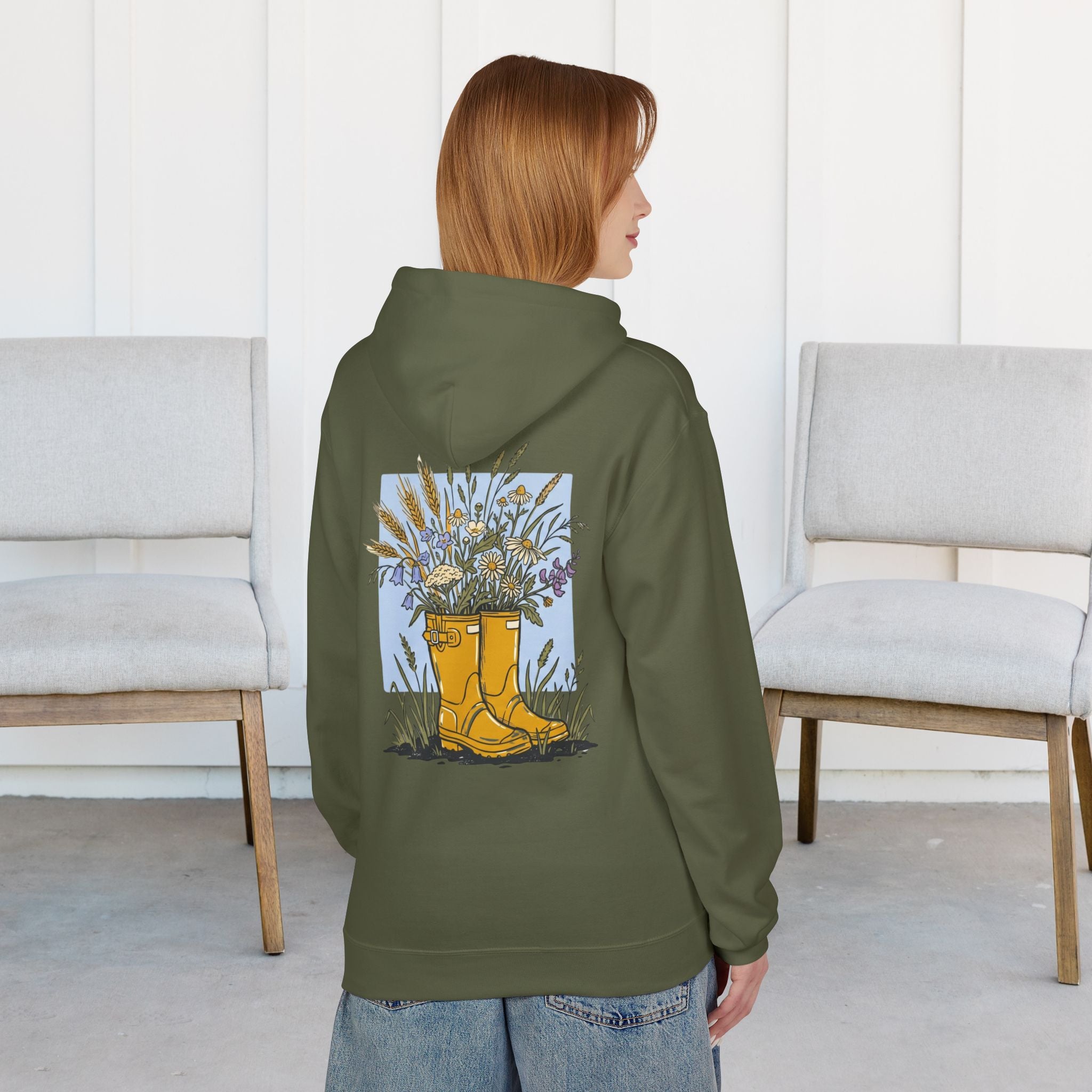 Gardening Boots Floral Hoodie — Yellow Wellies & Wildflowers Pullover
